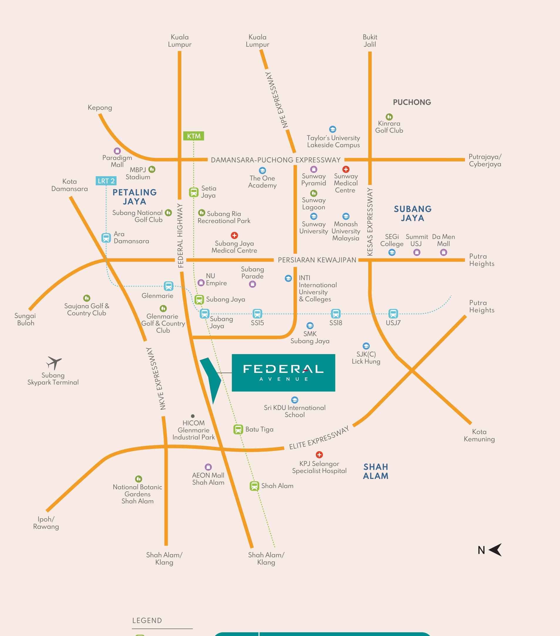 Luminar Residence location map — Federal Avenue marked on the Federal Highway between Subang Jaya and Shah Alam, with the KTM and LRT 2 lines, the NKVE, KESAS, ELITE and NPE expressways, and the surrounding malls, campuses and hospitals