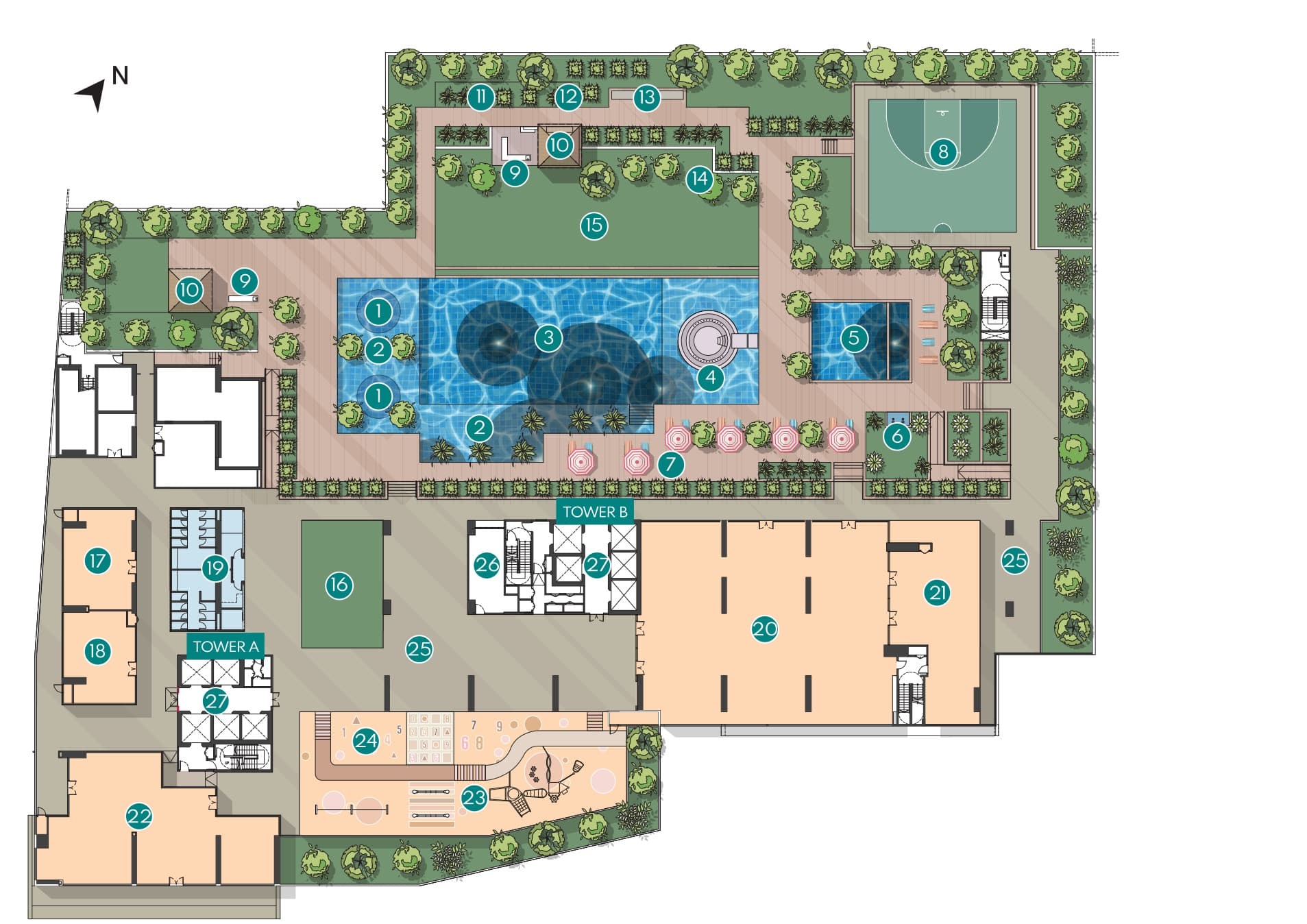 Luminar Residence Level 11 facilities plan — the swimming pool, jacuzzi, kids pool, basketball half-court, gymnasium, gardens and multipurpose halls laid out across the 1.9-acre podium between Tower A and Tower B
