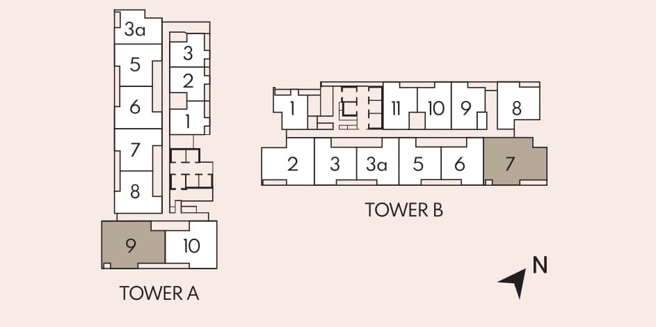 Luminar Residence typical floor plan — the Tower A and Tower B key plan showing the numbered unit positions on each level