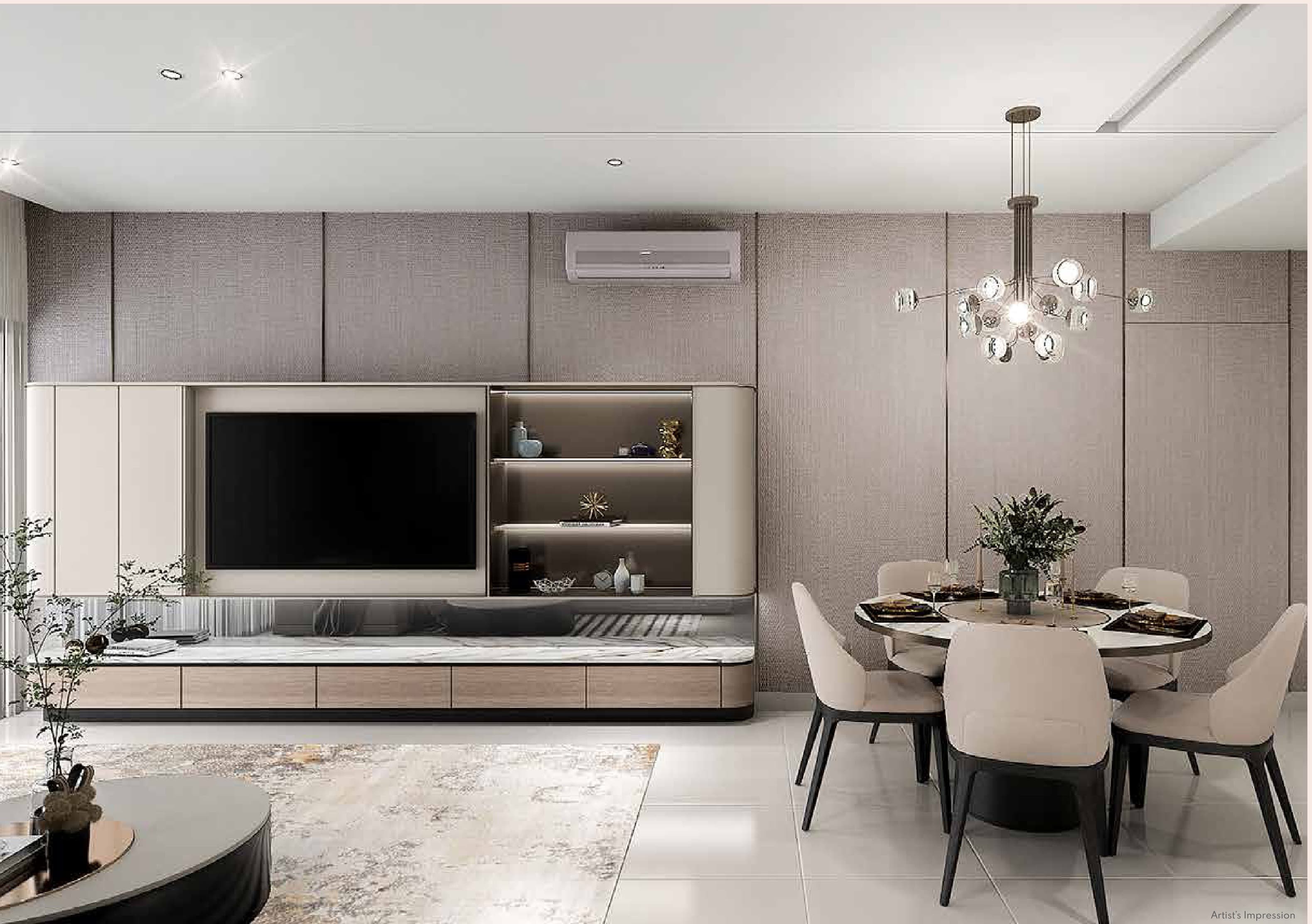 Luminar Residence interior — the living and dining area of a show unit, with a feature wall, tiled floors and a full-height window