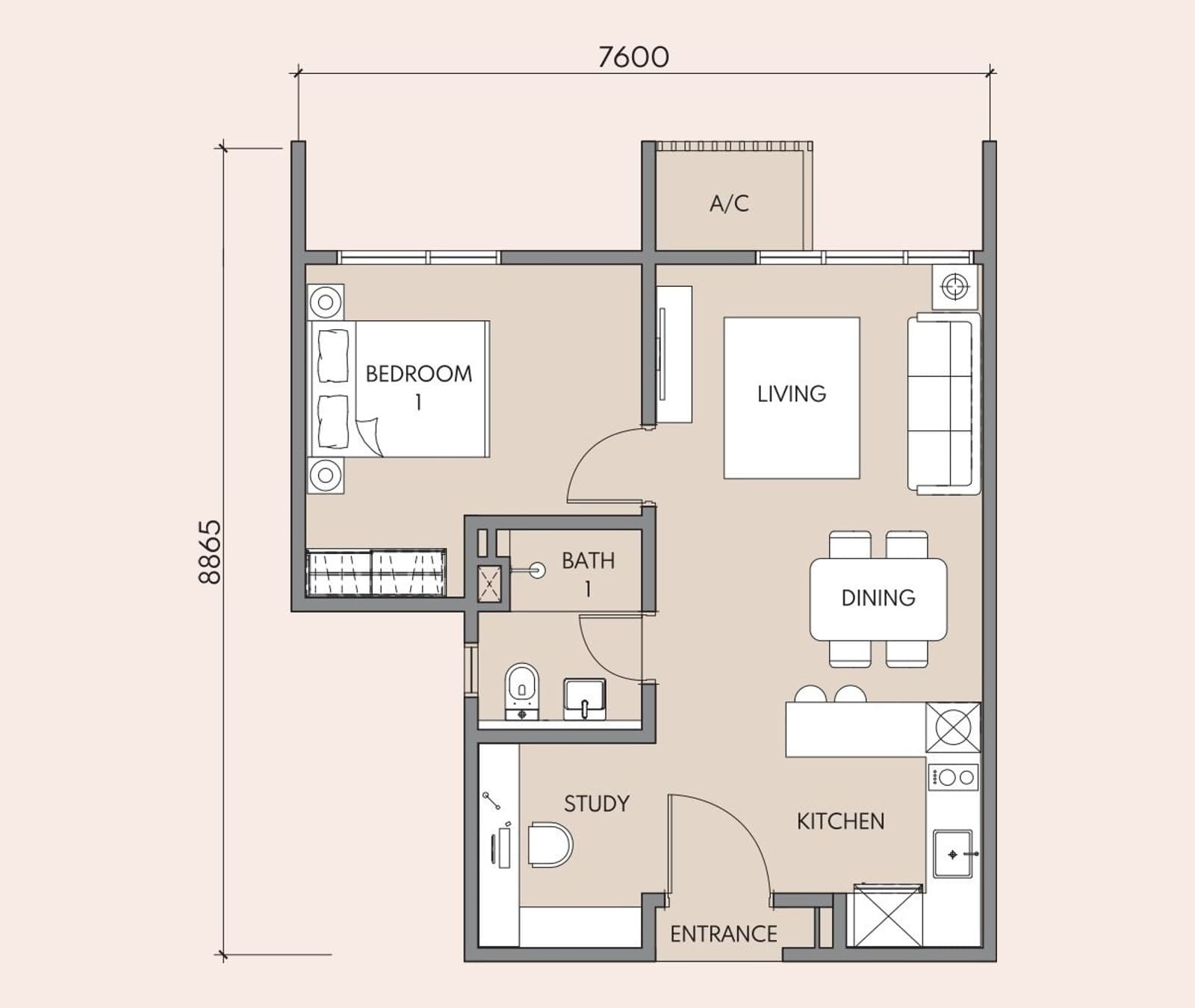 Luminar Residence Type A floor plan — 549 sq ft, 1+1 bedroom · 1 bathroom · 1 – 2 car parks