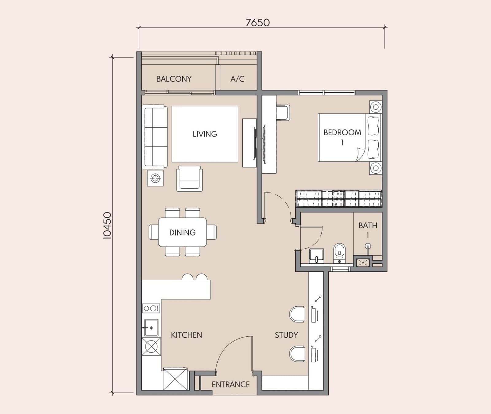 Luminar Residence Type B floor plan — 721 sq ft, 1+1 bedroom · 1 bathroom · 2 – 3 car parks
