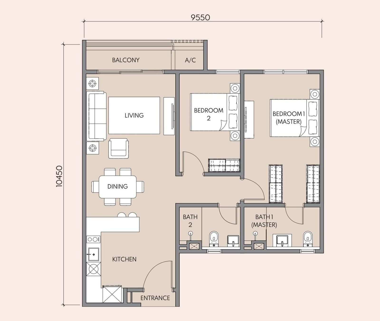 Luminar Residence Type C floor plan — 872 sq ft, 2 bedrooms · 2 bathrooms · 2 – 3 car parks