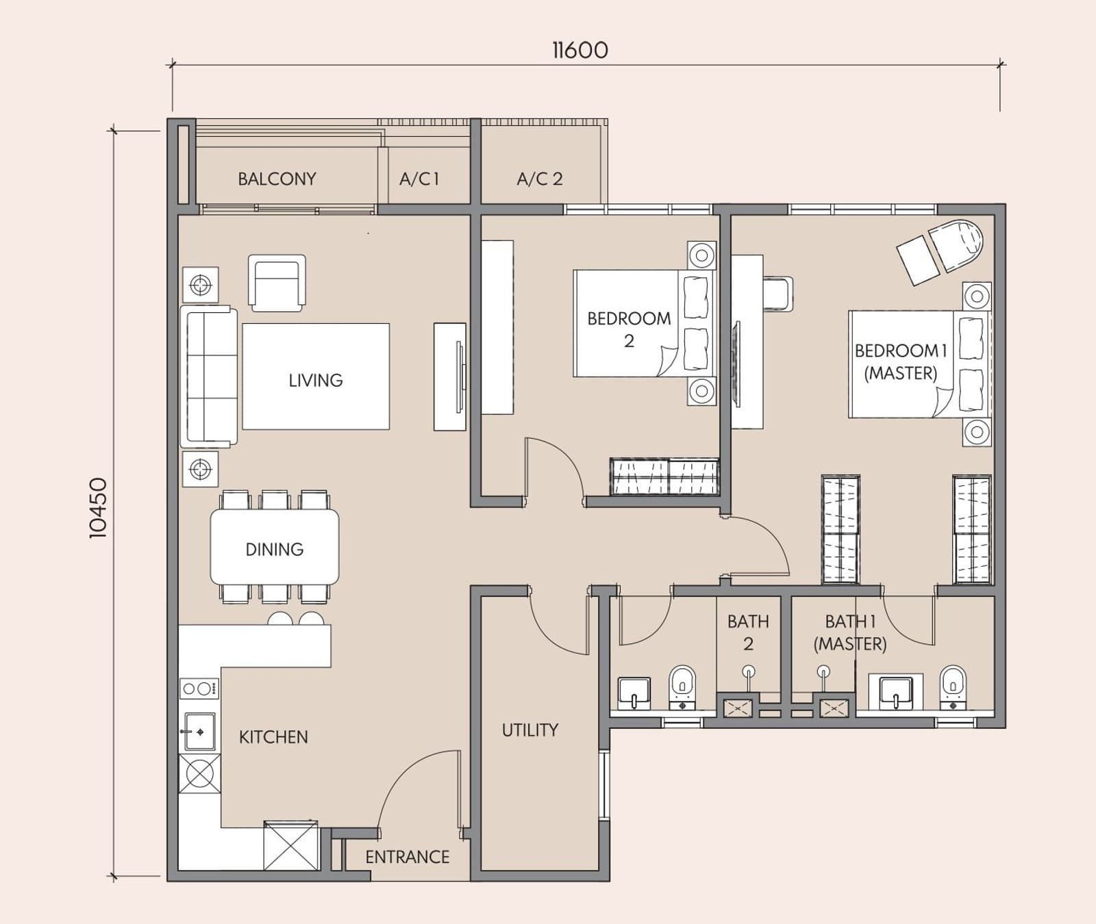 Luminar Residence Type D floor plan — 1,076 sq ft, 2+1 bedrooms · 2 bathrooms · 2 – 3 car parks