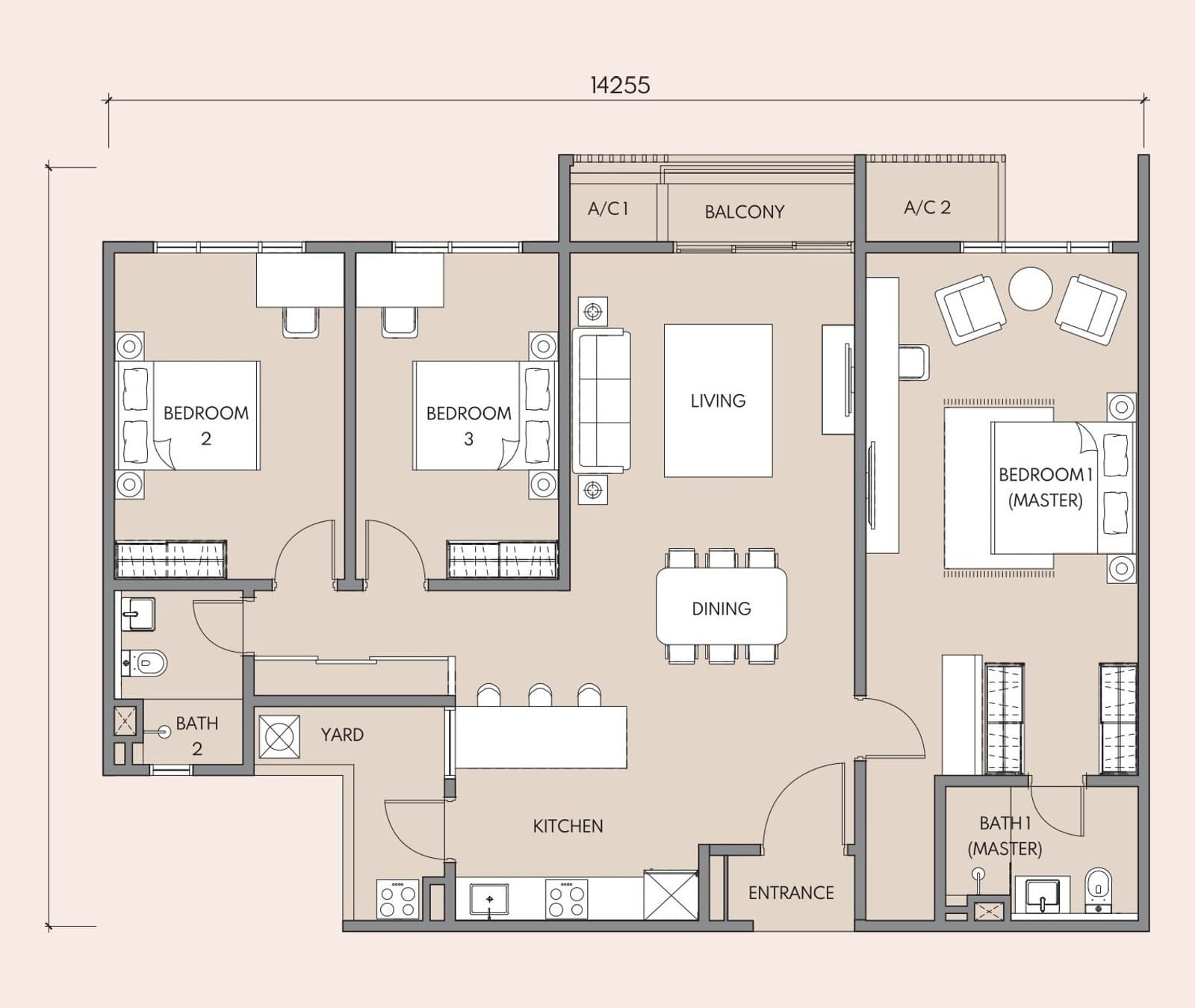 Luminar Residence Type E floor plan — 1,389 sq ft, 3 bedrooms · 2 bathrooms · 3 – 4 car parks