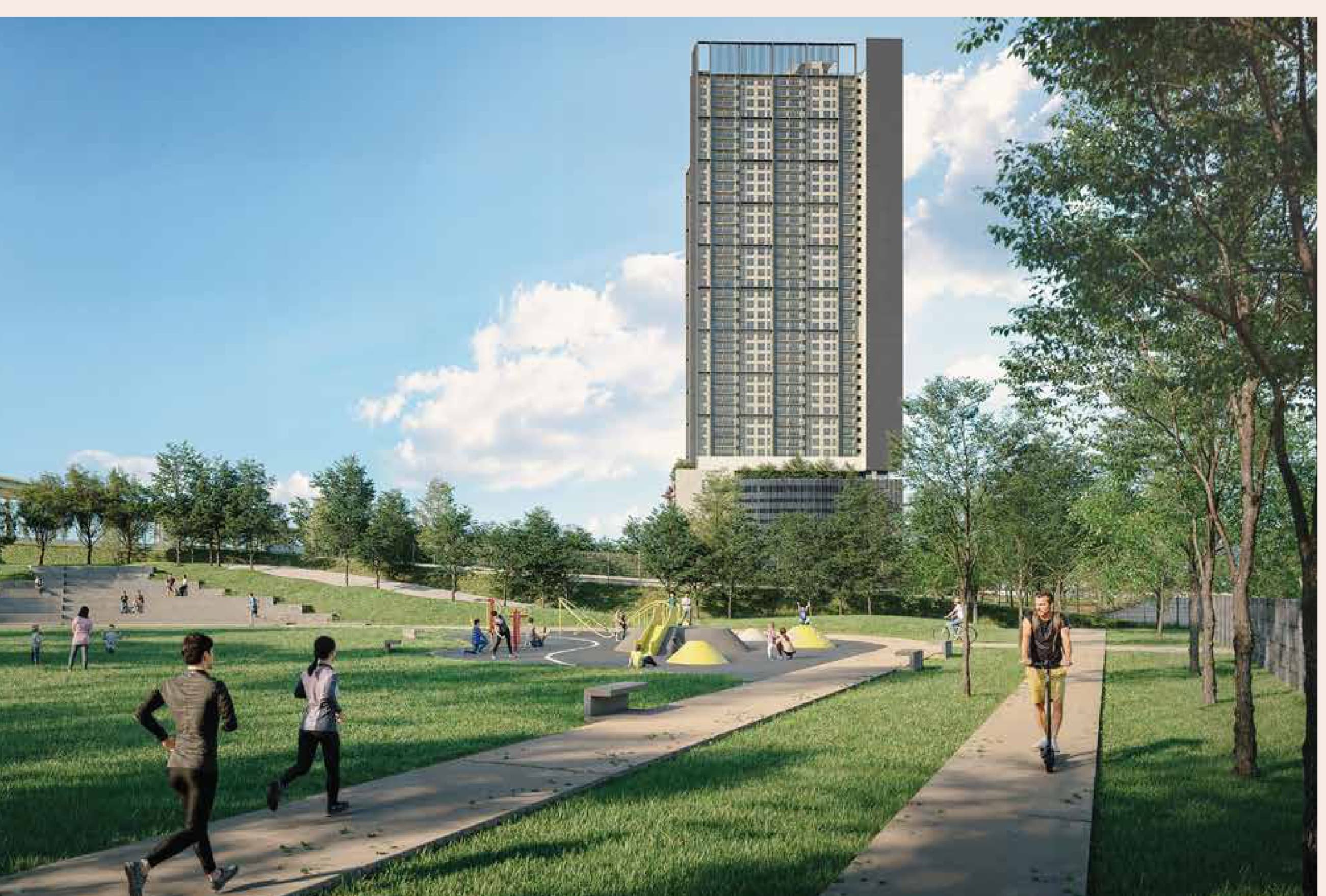 The public park below the towers, with the playground and jogging paths