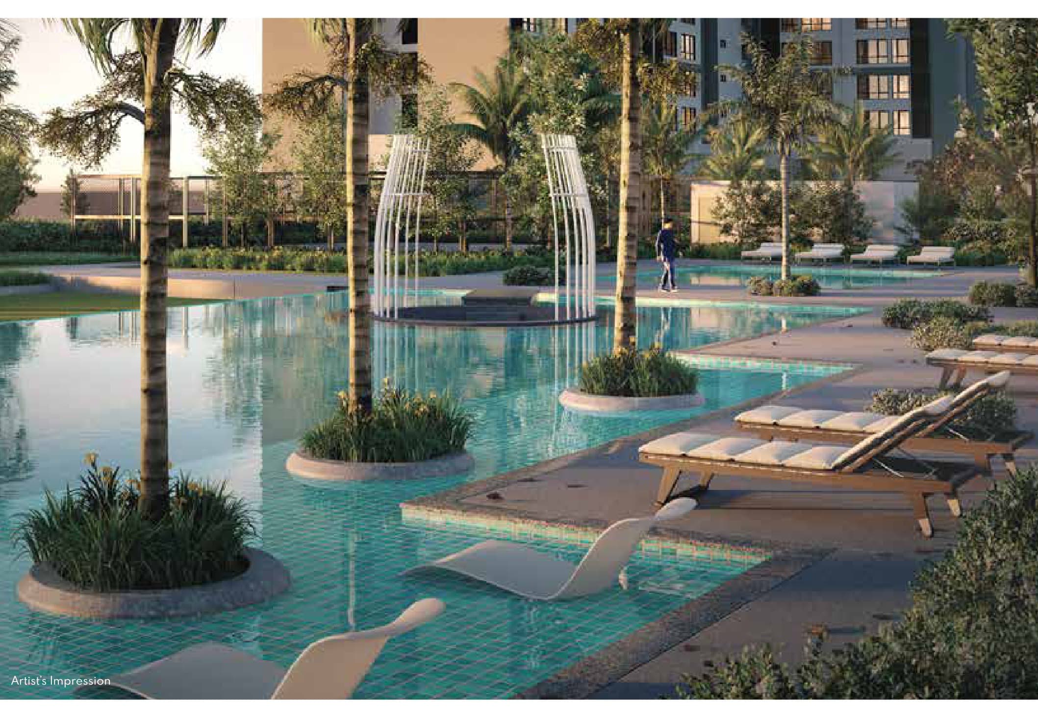 The swimming pool, sunken seating and pool deck on the Level 11 podium