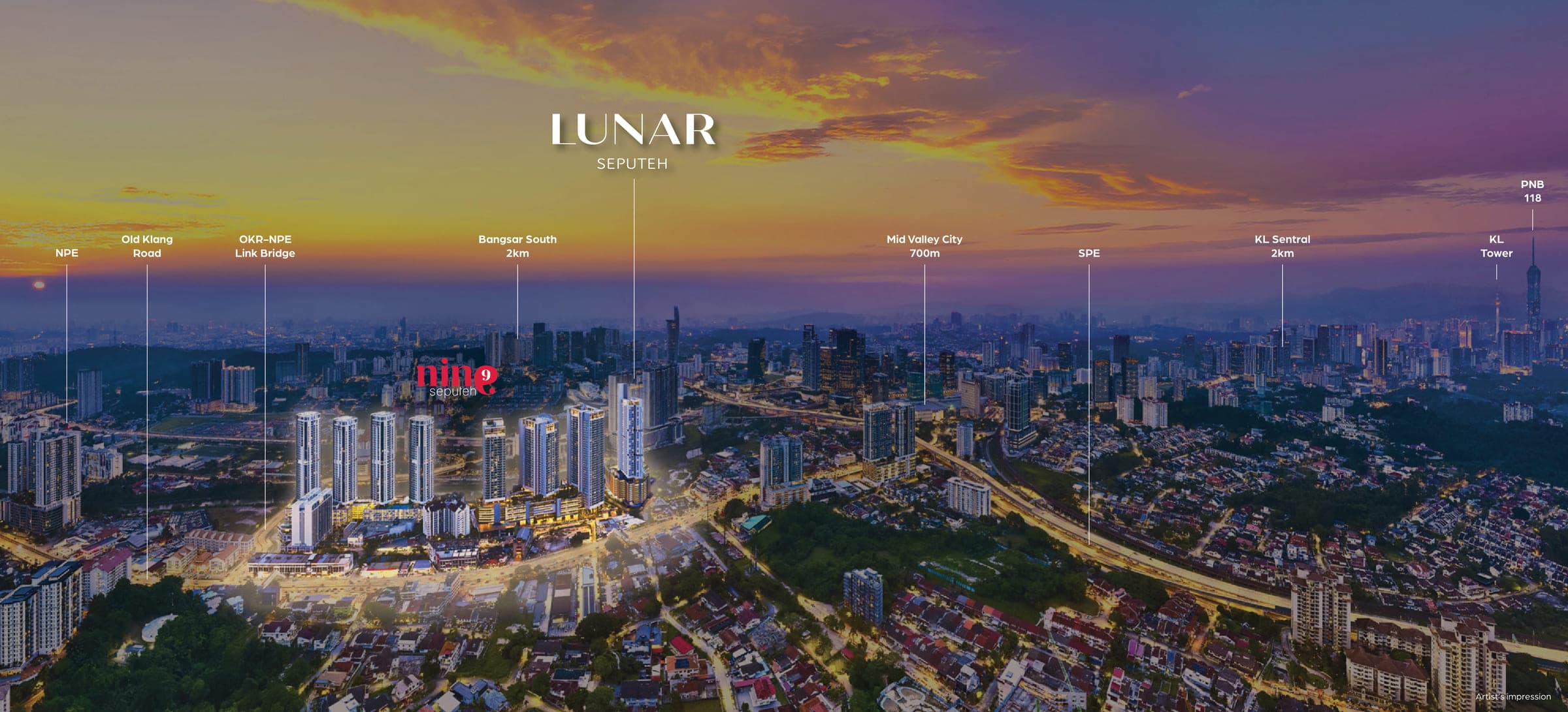 Lunar Seputeh in the Kuala Lumpur skyline, with NPE, Old Klang Road, the OKR–NPE Link Bridge, Bangsar South, Mid Valley City, KL Sentral, KL Tower and PNB 118 marked
