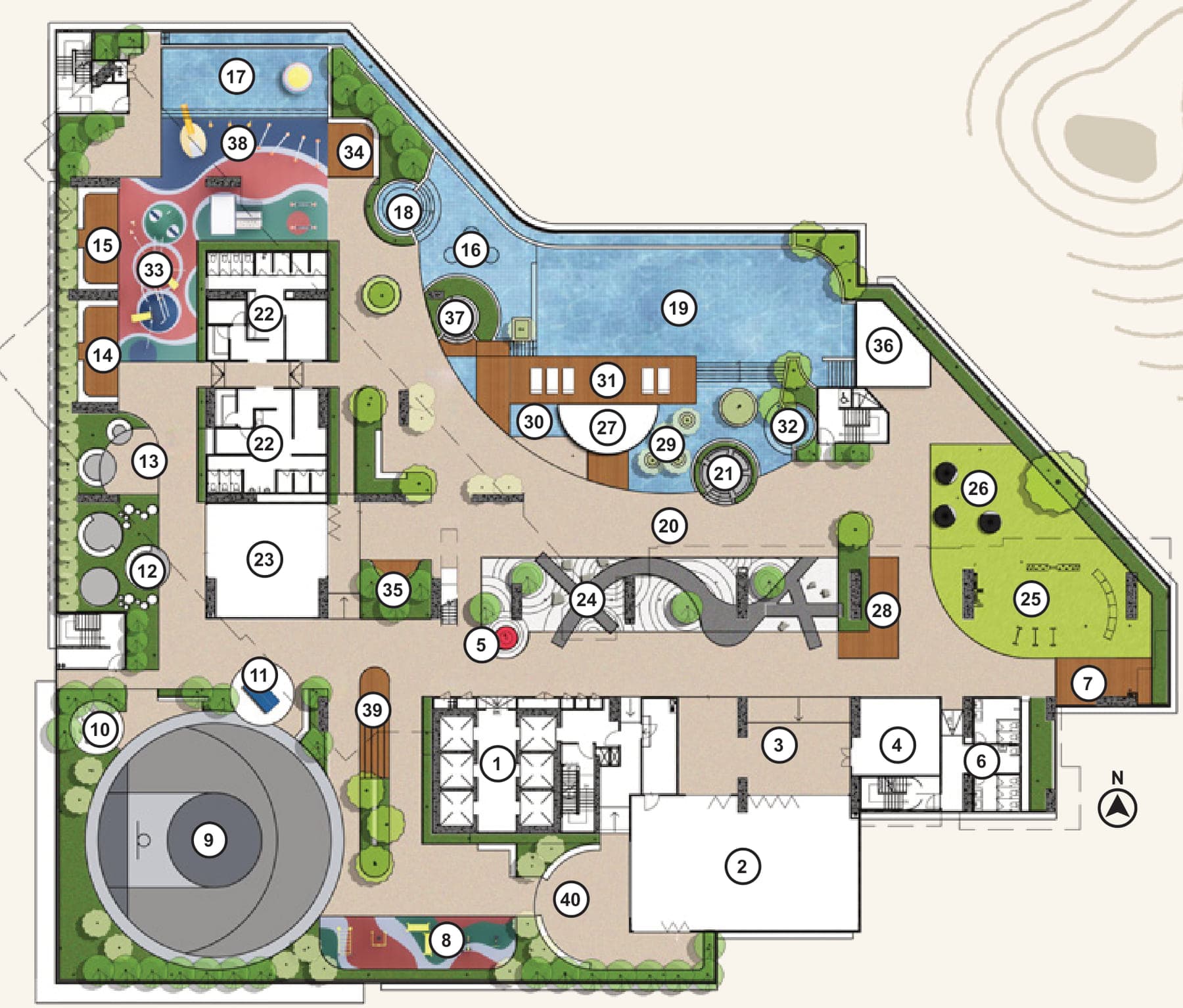 Lunar Seputeh Level 12 facilities plan, showing the infinity pool, community green and playing areas