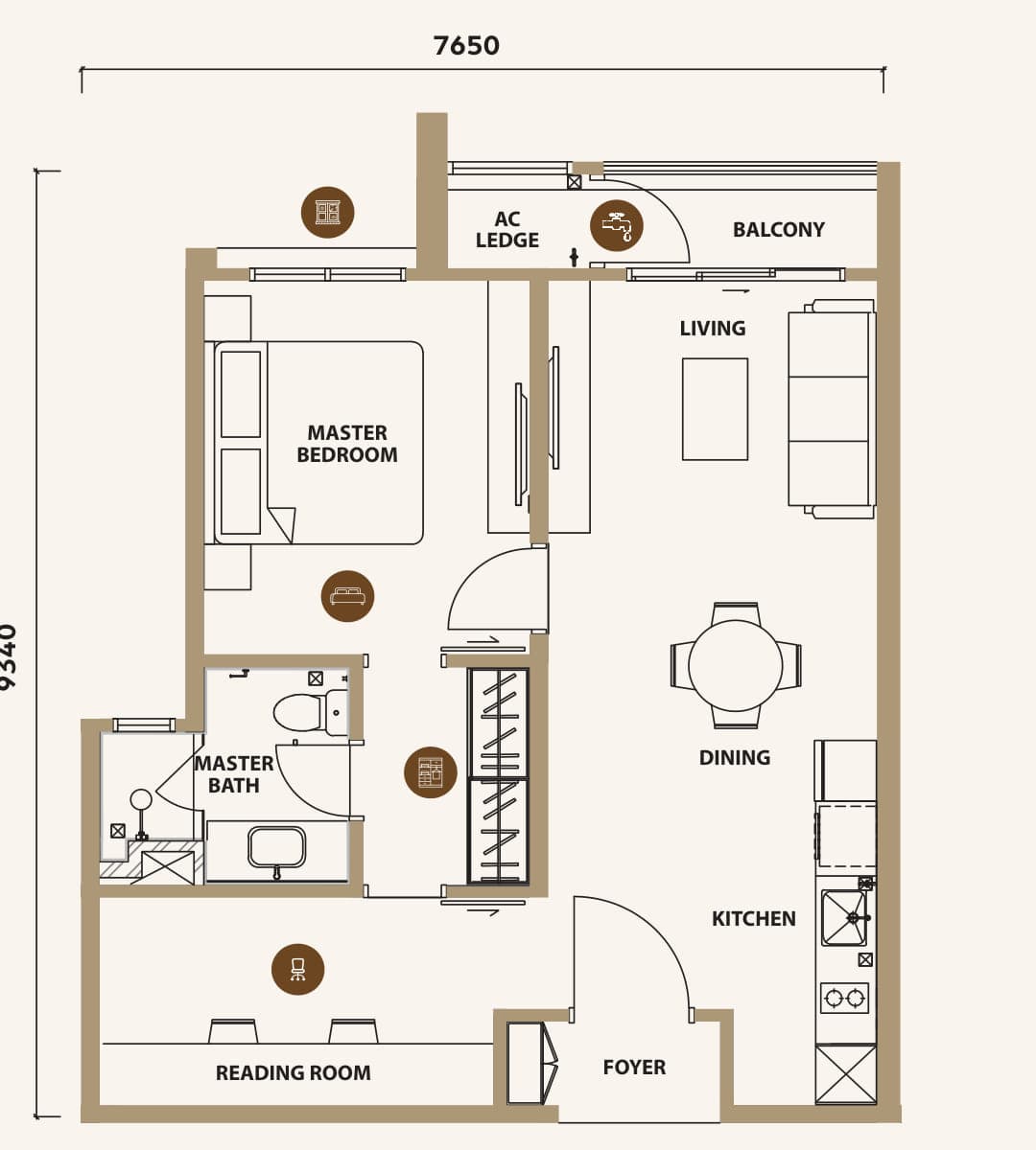 Lunar Seputeh Type A floor plan — 683 sq ft, 1+1 bedrooms · 1 bathroom