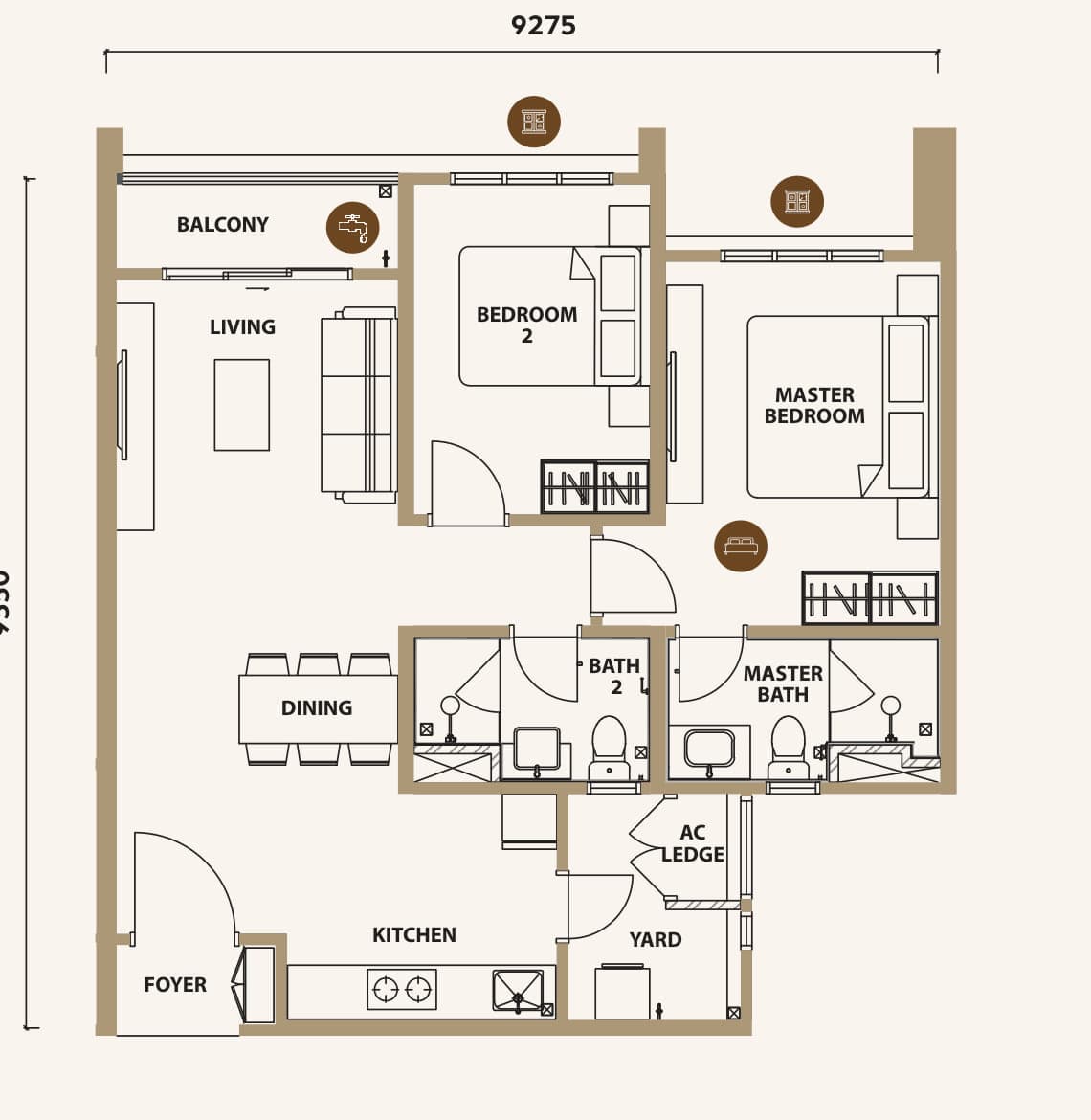Lunar Seputeh Type B1 floor plan — 841 sq ft, 2 bedrooms · 2 bathrooms