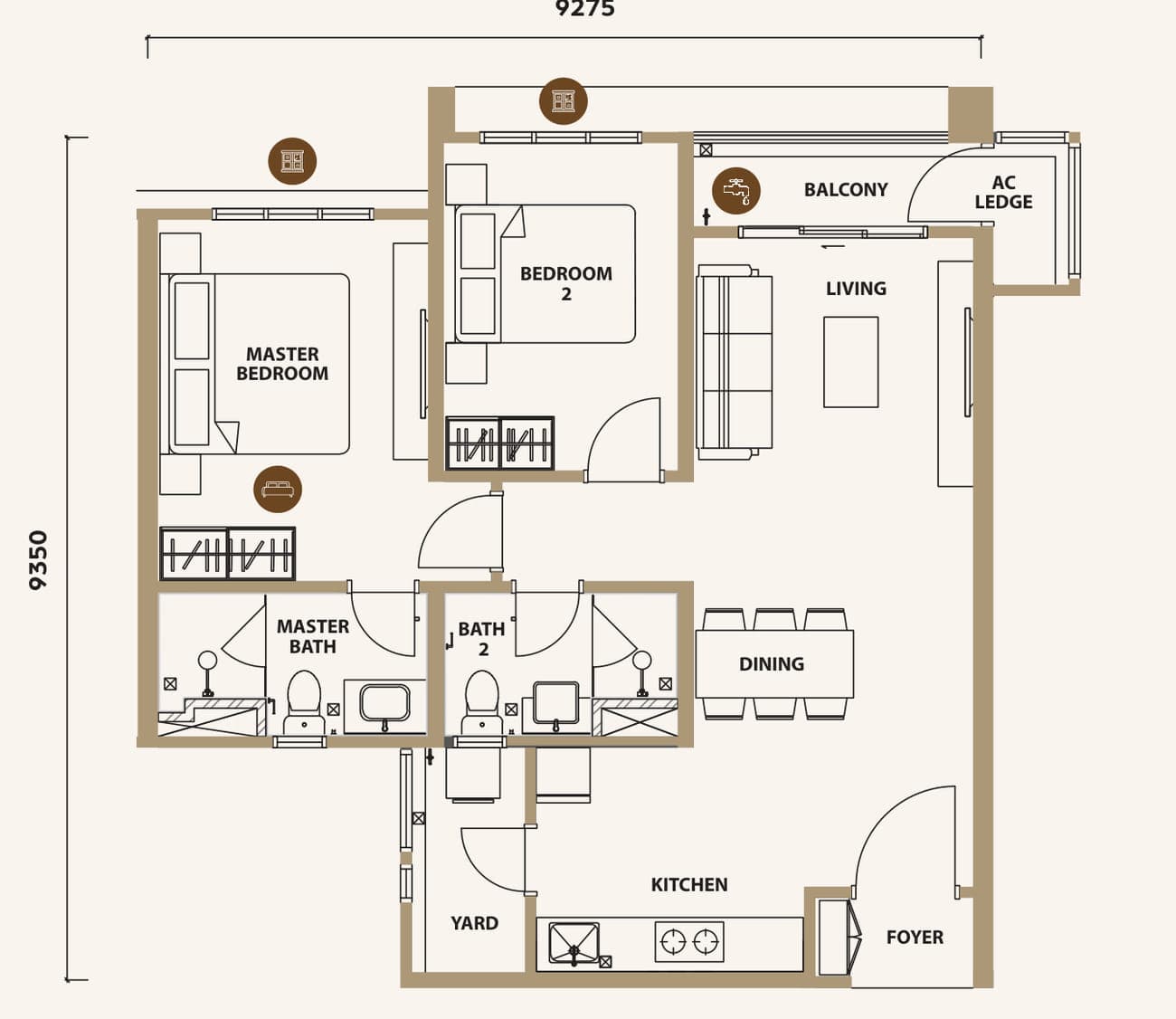 Lunar Seputeh Type B1A floor plan — 841 sq ft, 2 bedrooms · 2 bathrooms