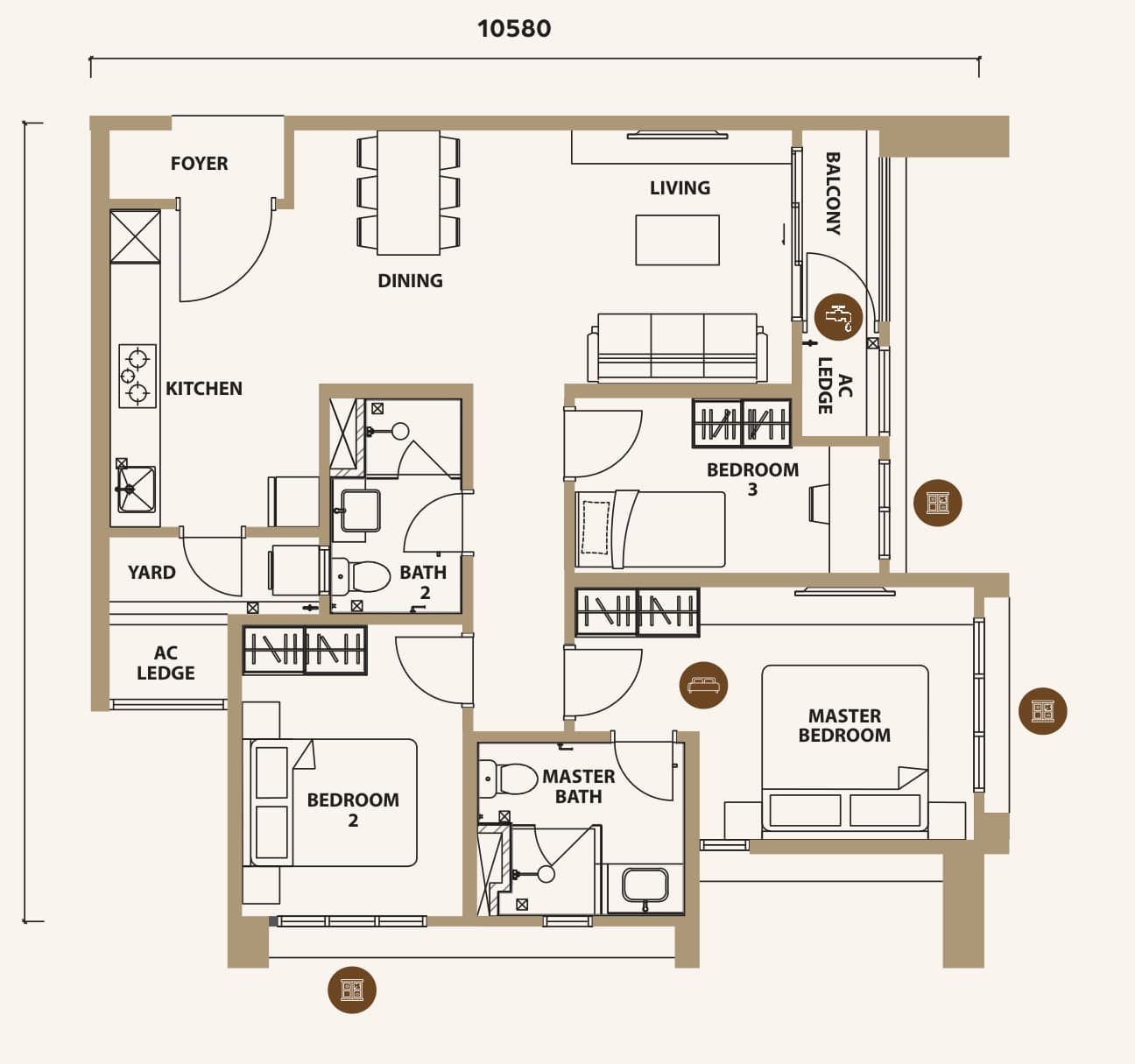 Lunar Seputeh Type B2 floor plan — 930 sq ft, 3 bedrooms · 2 bathrooms