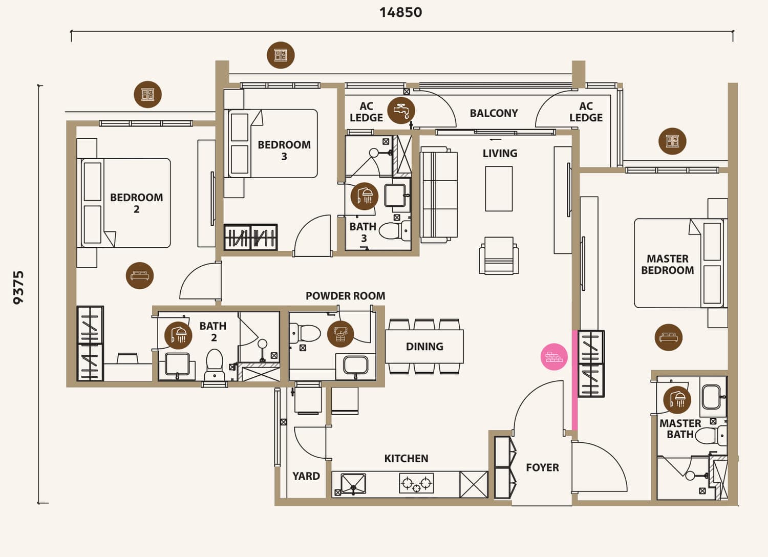 Lunar Seputeh Type C1 floor plan — 1,280 sq ft, 3 bedrooms · 3 bathrooms + powder room