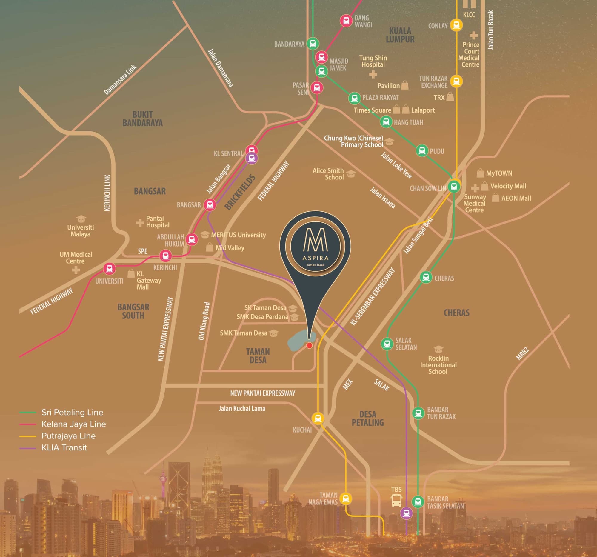 M Aspira on the brochure location map, with Mid Valley, Bangsar, KL Sentral, Kuchai MRT and the surrounding expressways marked