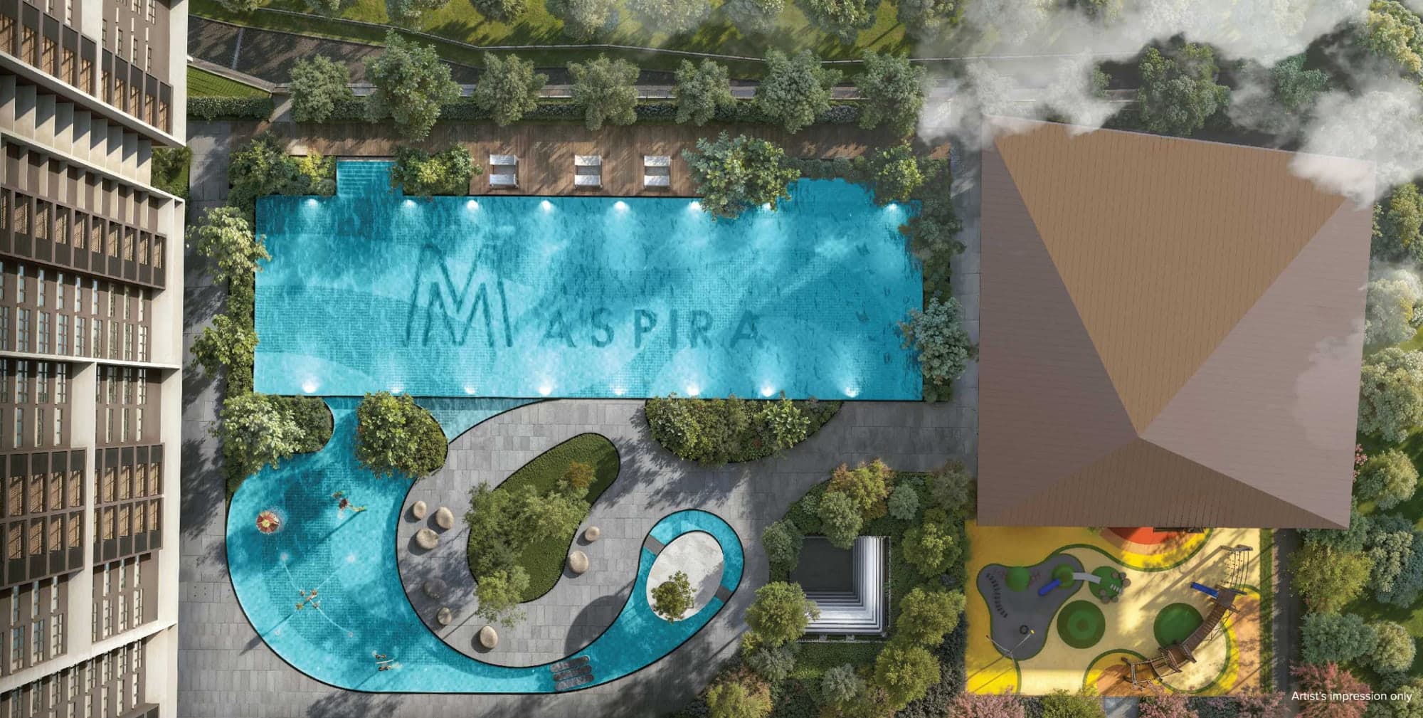The Level 13 podium deck from above — the 50 m lap pool, children's pool, playground and multi-purpose hall