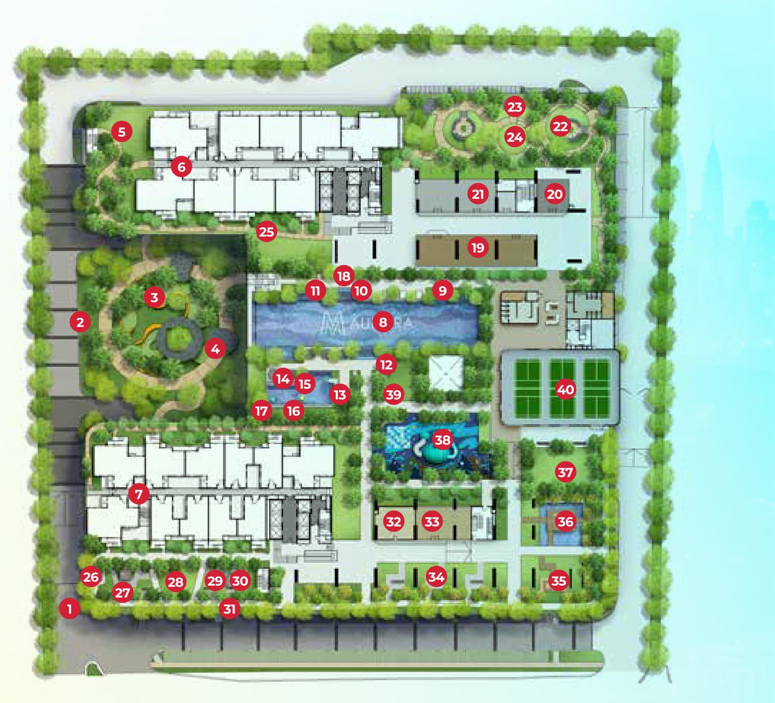 M Aurora podium facilities key plan — the 50 m lap pool and kids' pool at the centre, the Aurora Garden and Green Dome to the west, the gym, yoga studio and co-working space along the north edge, and the multi-purpose hall, playground and KOI pond to the east
