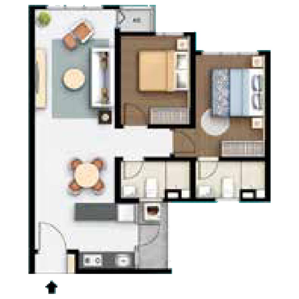 M Aurora Type B floor plan — 737 sq ft, 2 bedrooms · 2 bathrooms