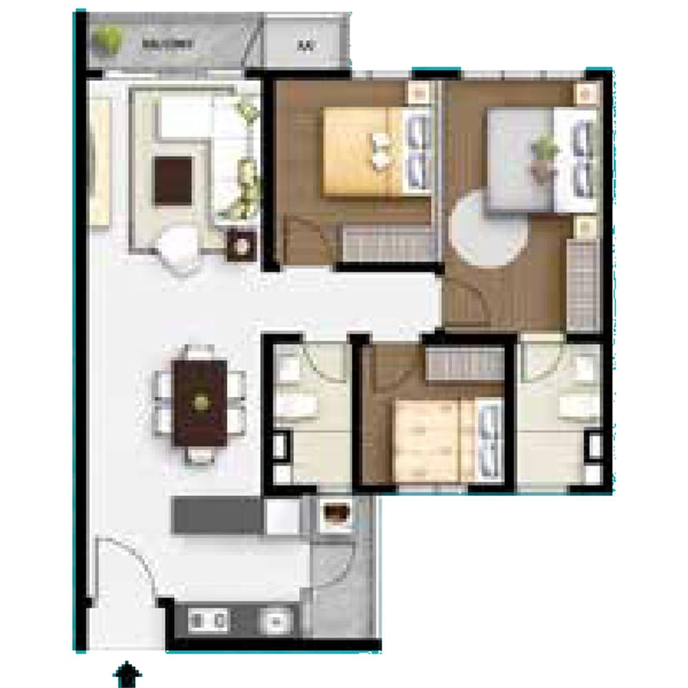 M Aurora Type C floor plan — 858 sq ft, 3 bedrooms · 2 bathrooms