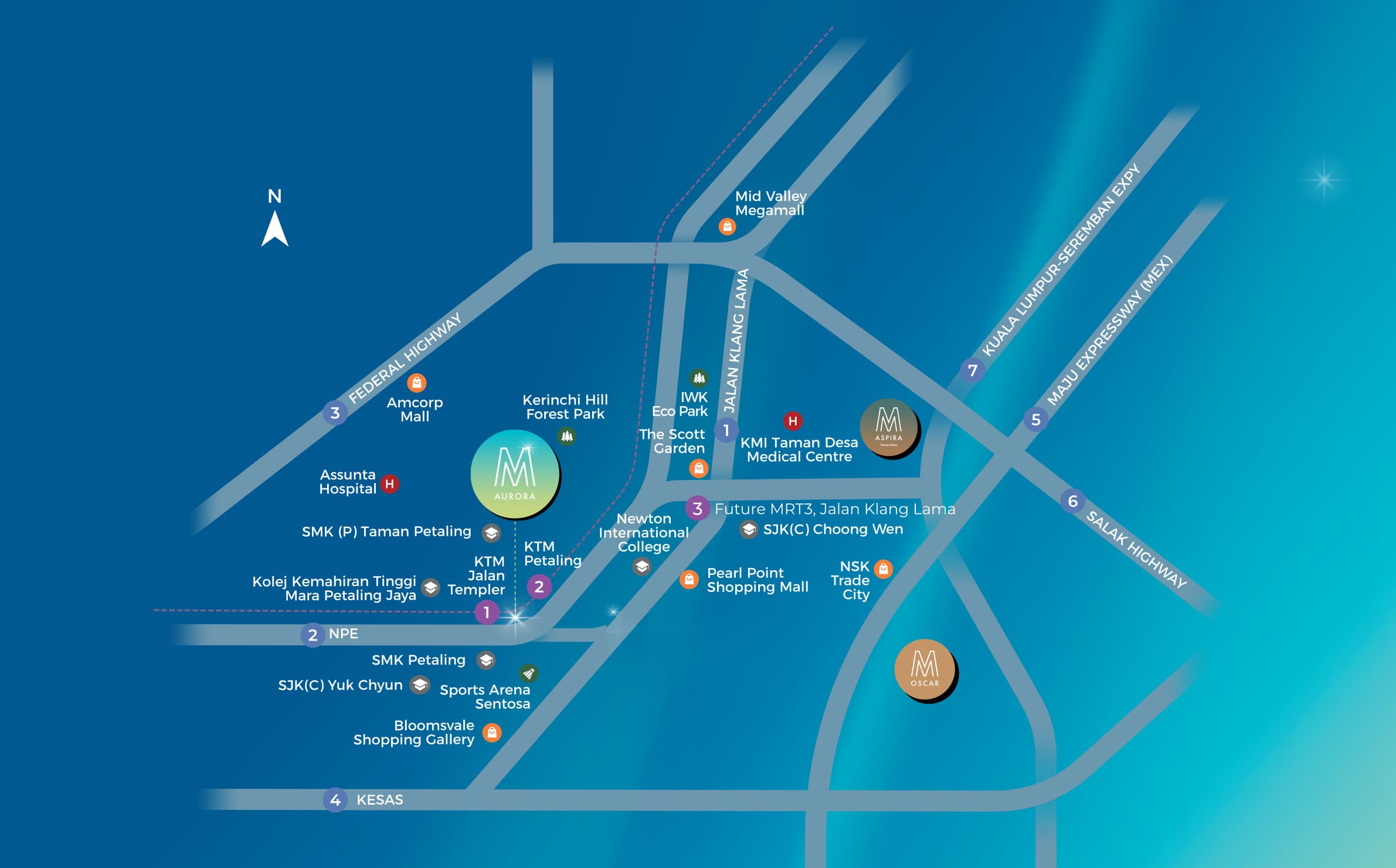 M Aurora location map — the site on Jalan Klang Lama with the Federal Highway, NPE, KESAS, Salak Highway, Maju Expressway and KL–Seremban Expressway around it, and Mid Valley Megamall, Pearl Point, Bloomsvale, Assunta Hospital, KMI Taman Desa Medical Centre and the KTM stations nearby
