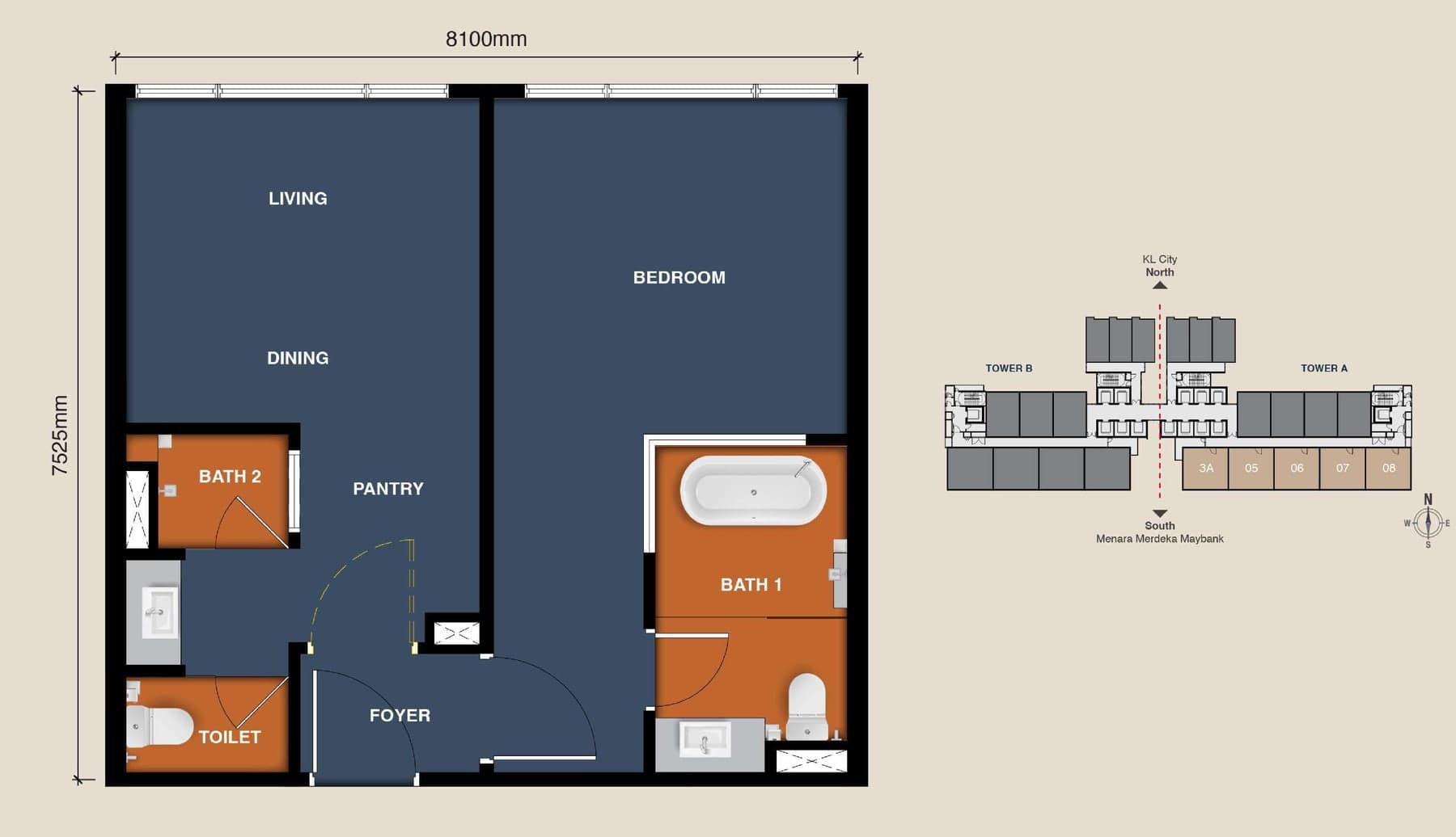 MABA Suitez @ KL City Centre Type C floor plan — 657 sq ft, 1 bedroom, 2 bathrooms