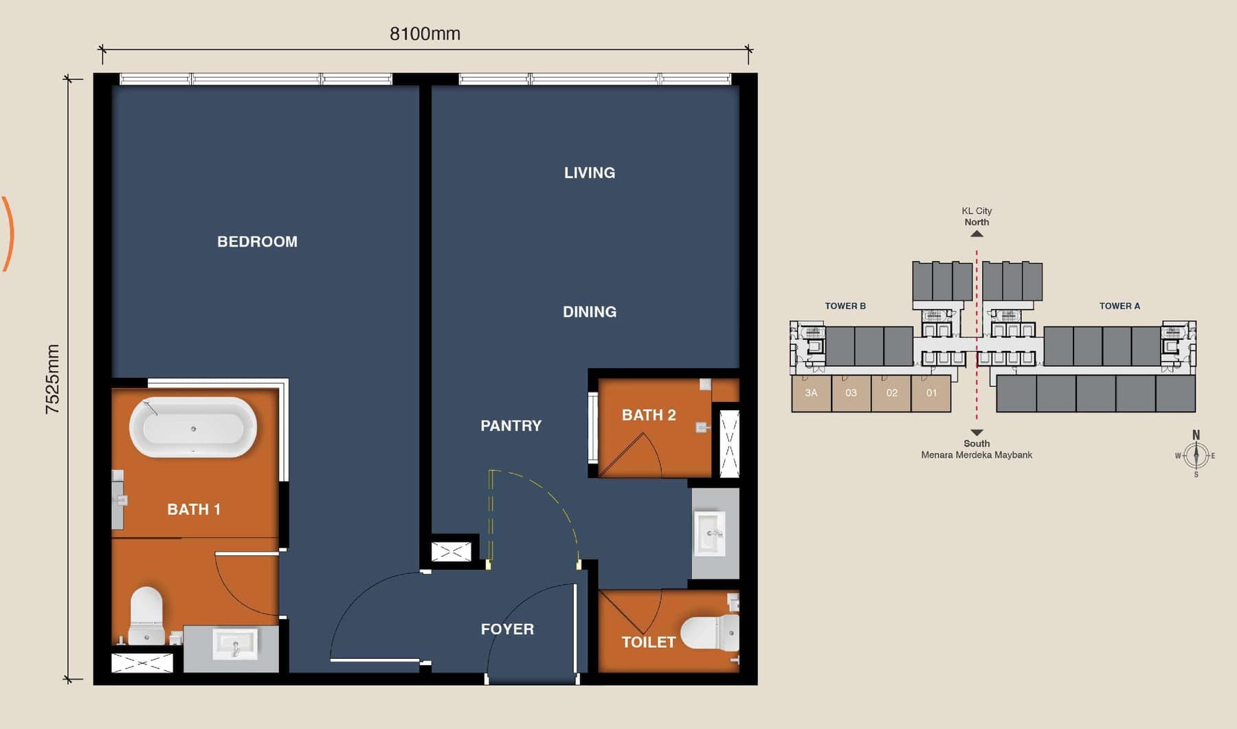 MABA Suitez @ KL City Centre Type C (M) floor plan — 657 sq ft, 1 bedroom, 2 bathrooms