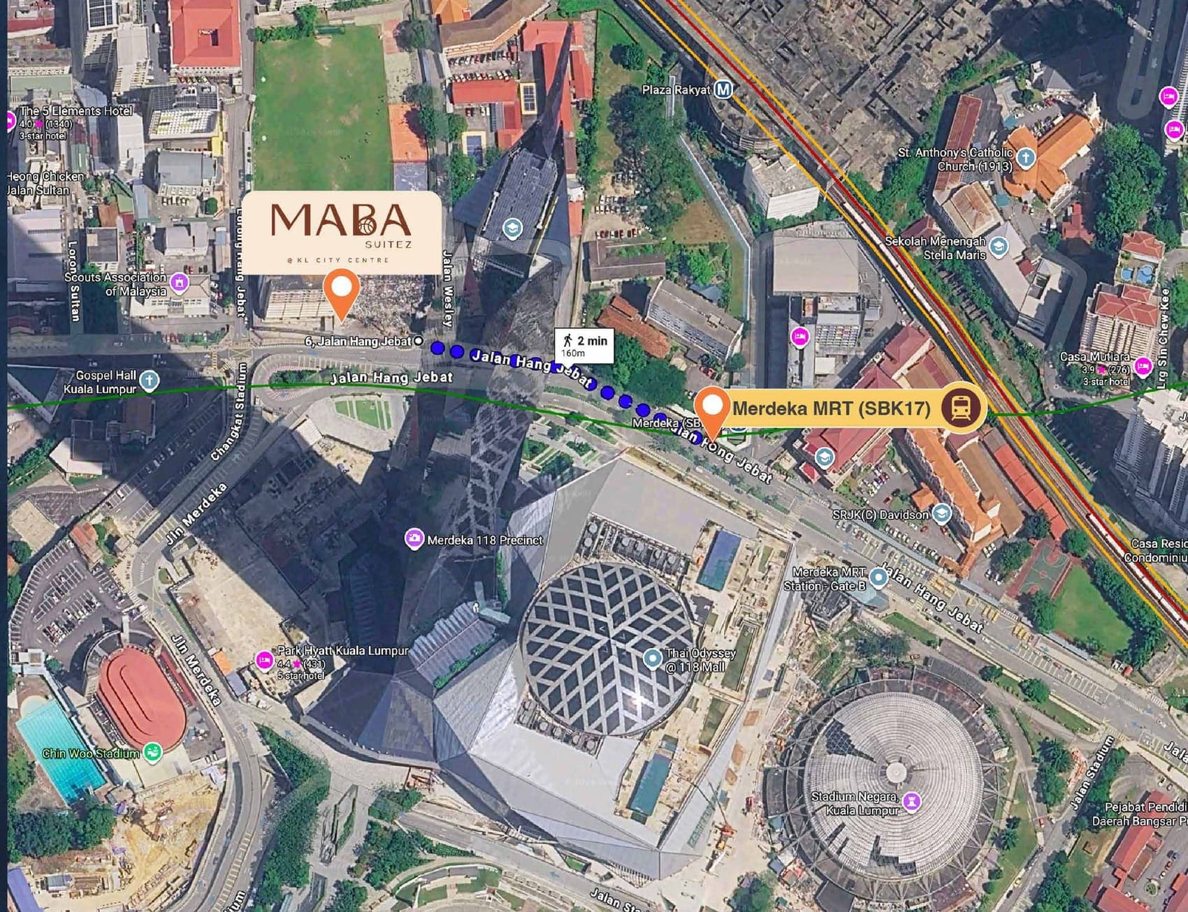 MABA Suitez location map: the site on Jalan Hang Jebat with the 160 m, two-minute walking route to Merdeka MRT station (SBK17) past the Merdeka 118 precinct