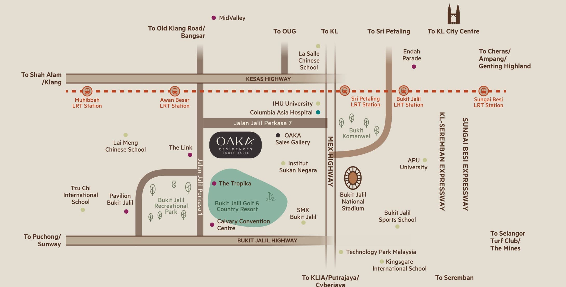 OAKA Residences location map — the site marked off Jalan Jalil Perkasa 7 in Bukit Jalil with Bukit Jalil Golf & Country Resort, The Tropika, Bukit Jalil National Stadium, IMU University, Columbia Asia Hospital, APU University, Pavilion Bukit Jalil and the Muhibbah, Awan Besar, Sri Petaling, Bukit Jalil and Sungai Besi LRT stations plotted around it