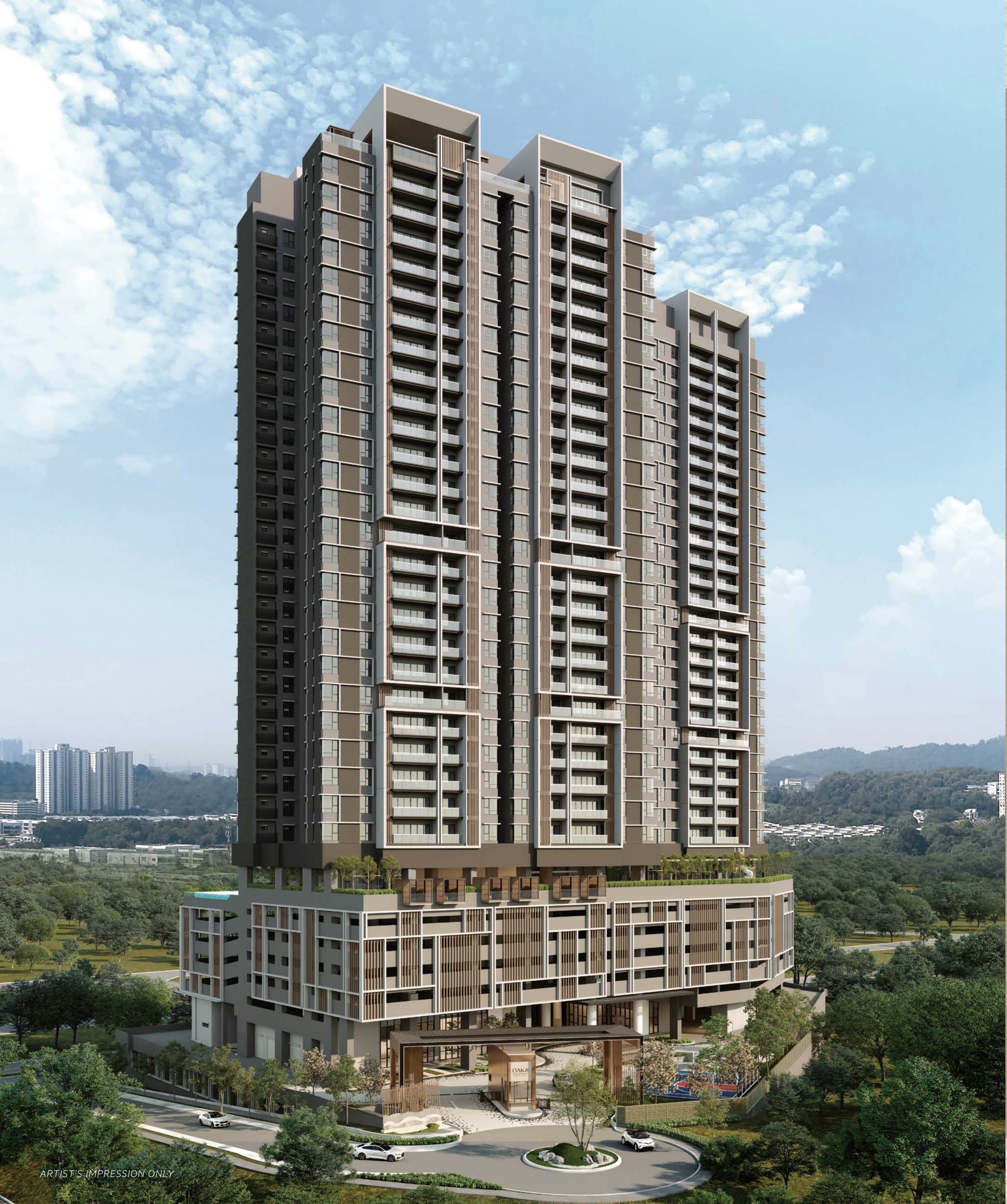 OAKA Residences Bukit Jalil — the residential tower above its landscaped podium, seen from the entrance road with the golf course beyond