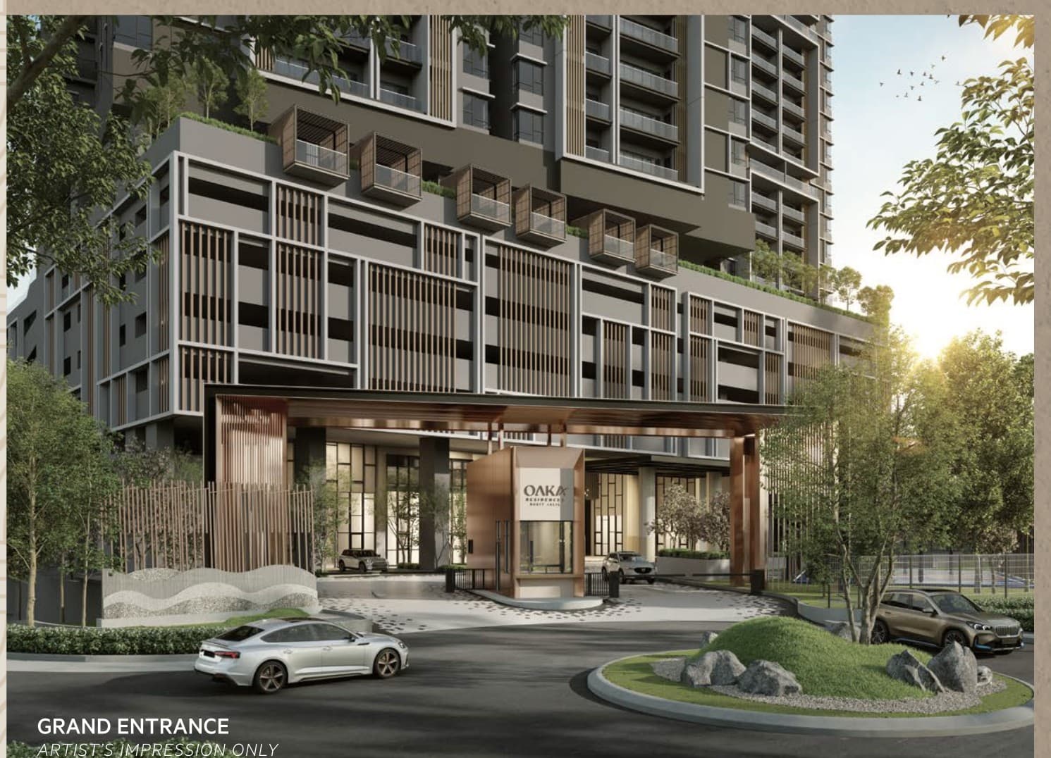 The grand entrance off the drop-off circle, screened in vertical timber fins over the double-height lobby