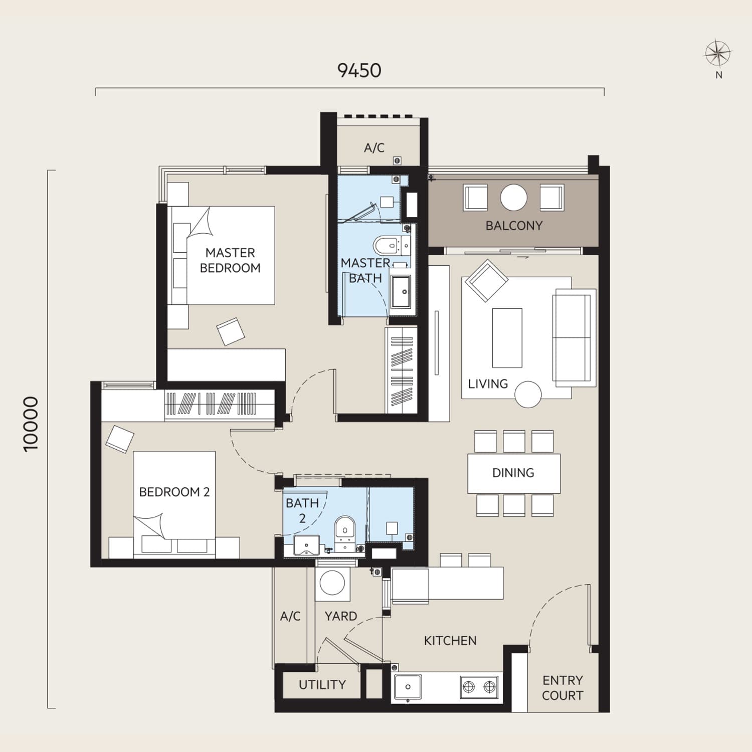 OAKA Residences Bukit Jalil Type A floor plan — 882 sq ft, 2 bedrooms · 2 bathrooms · balcony · 2 car park bays