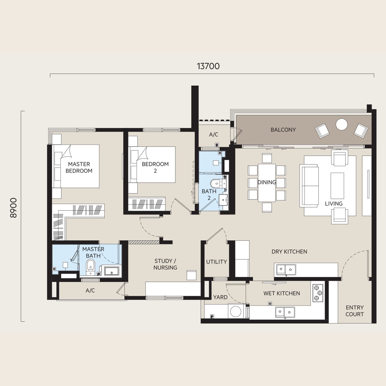 OAKA Residences Bukit Jalil Type B1 floor plan — 1,182 sq ft, 2+1 bedrooms · 2 bathrooms · balcony · hackable wall · 2 car park bays