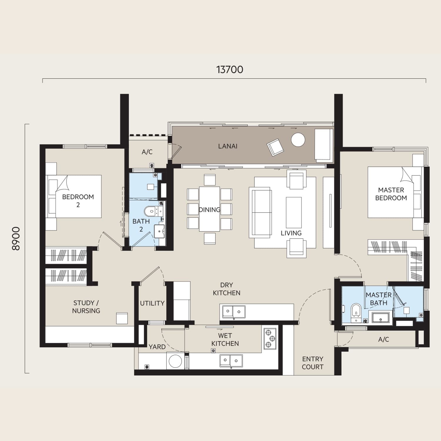OAKA Residences Bukit Jalil Type B3 floor plan — 1,175 sq ft, 2+1 bedrooms · 2 bathrooms · lanai · 2 car park bays