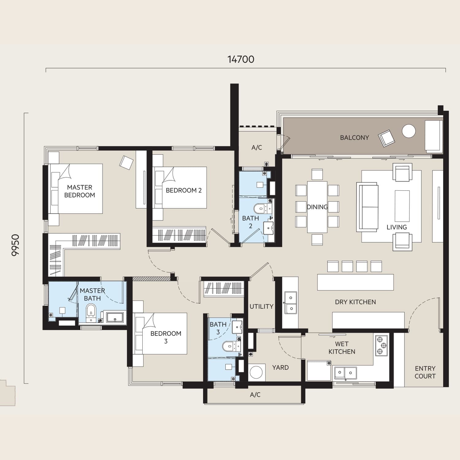 OAKA Residences Bukit Jalil Type C floor plan — 1,423 sq ft, 3 bedrooms · 3 bathrooms · balcony · hackable wall · 3 car park bays