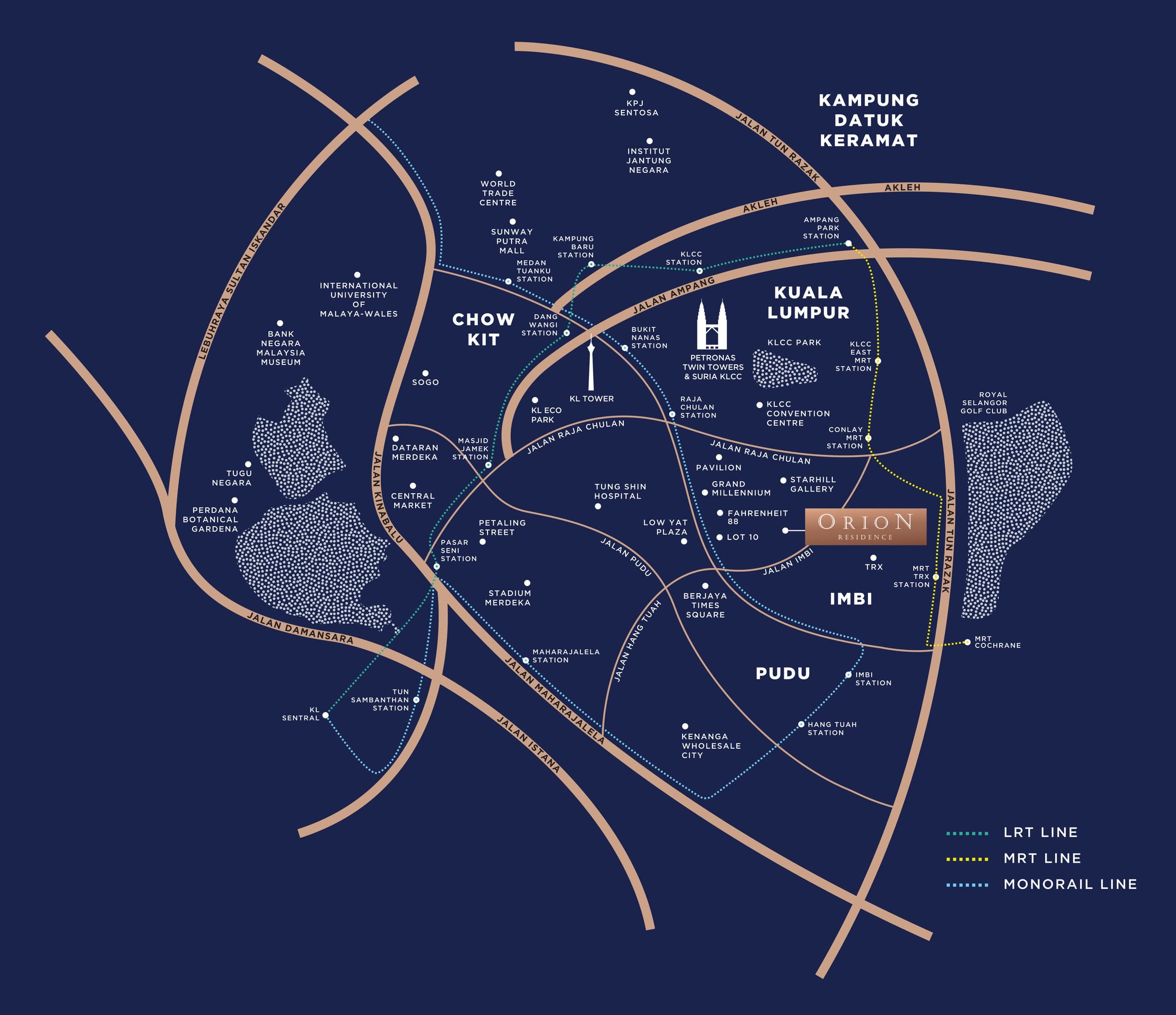 Orion Residence location map from the developer's brochure — Orion marked in the Bukit Bintang block beside Starhill Gallery, Pavilion, Fahrenheit 88 and Lot 10, with TRX and the MRT TRX station to the south-east, KLCC, the Petronas Twin Towers and the KLCC Convention Centre to the north, KL Tower and Bukit Nanas to the north-west, and the LRT, MRT and Monorail lines drawn as dotted routes across the city