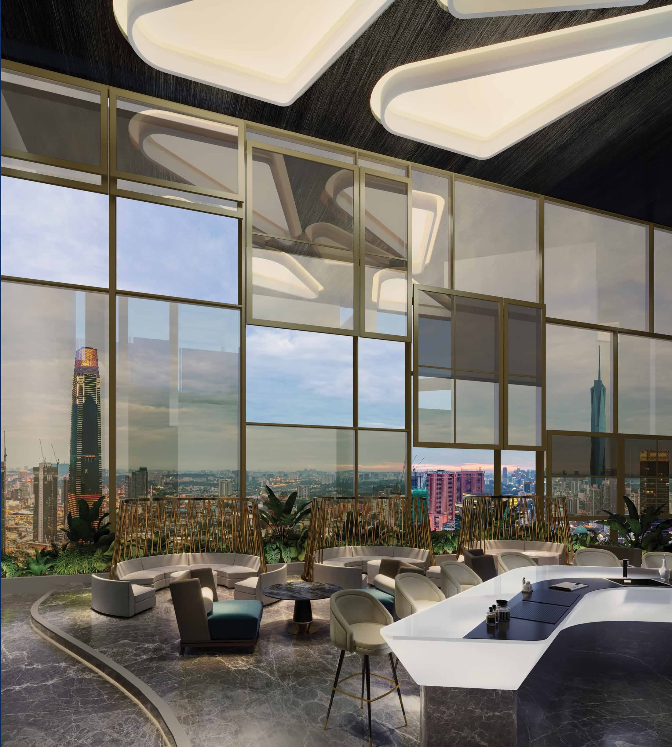 Sky Living — the boutique-style lounge under sculpted ceiling lights, glazed floor to ceiling on the TRX side
