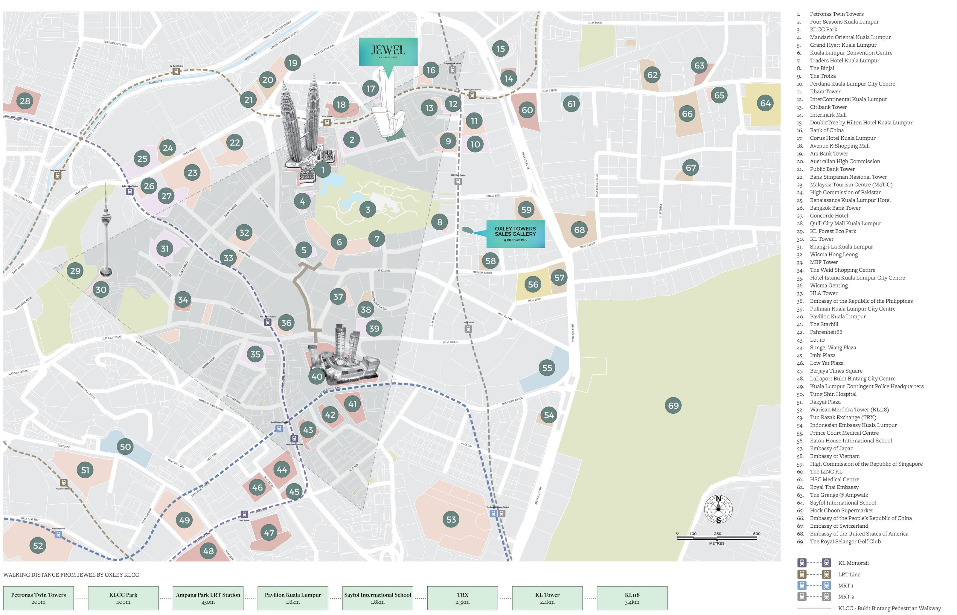 Oxley Towers KLCC location map from the developer's brochure — the development marked on Jalan Ampang with the Petronas Twin Towers, KLCC Park and Suria KLCC south-west, Avenue K, the Bank of China and the Ampang Park LRT and MRT stations alongside, the embassy quarter along Jalan Tun Razak and Jalan U Thant east, Pavilion Kuala Lumpur and the Bukit Bintang shopping belt south-west, the Royal Selangor Golf Club east, Tun Razak Exchange south and KL Tower and the KL Forest Eco Park west, with a sixty-nine-point numbered legend and the walking-distance band along the foot