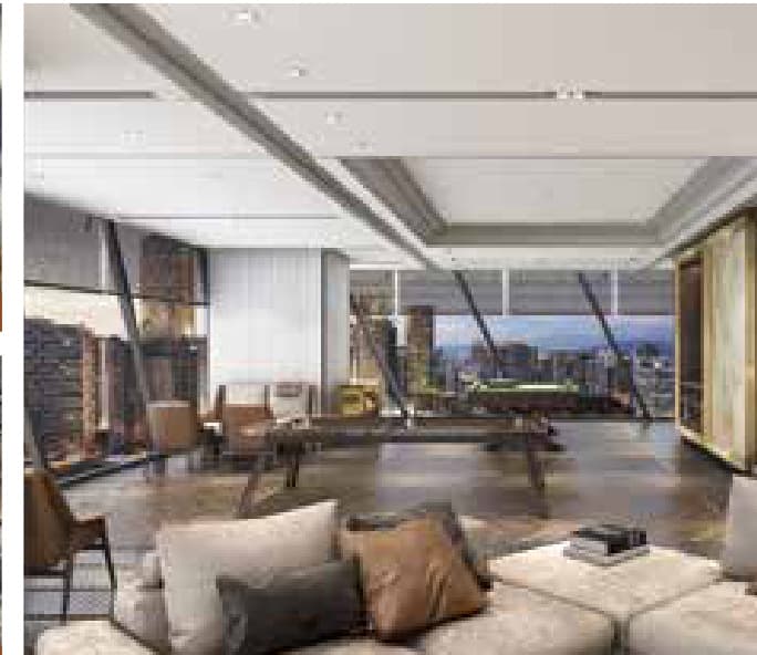 Tower 1, Level 45 — the entertainment room, numbered 4 on the facility key, sharing its floor with the yoga room and the two suraus