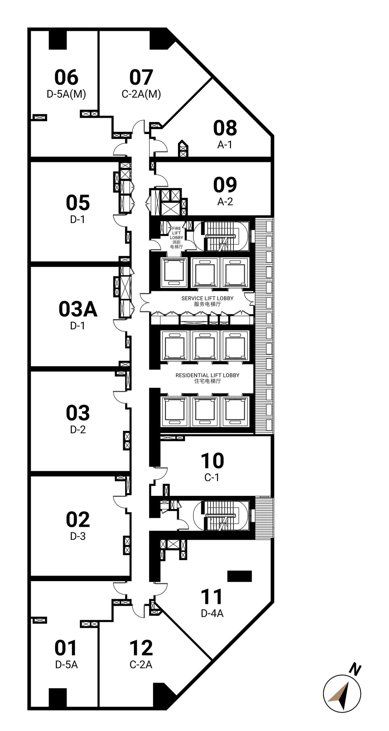 Oxley Towers Tower 1 typical floor plate for Levels 34 to 43 and 47 to 51 — twelve homes around a lift core of nine cars in three banks, numbered 01 Type D-5A, 02 D-3, 03 D-2, 03A D-1, 05 D-1, 06 D-5A mirrored, 07 C-2A mirrored, 08 A-1, 09 A-2, 10 C-1, 11 D-4A and 12 C-2A, with a fire lift lobby, a service lift lobby and a residential lift lobby, and no unit 04 on any floor