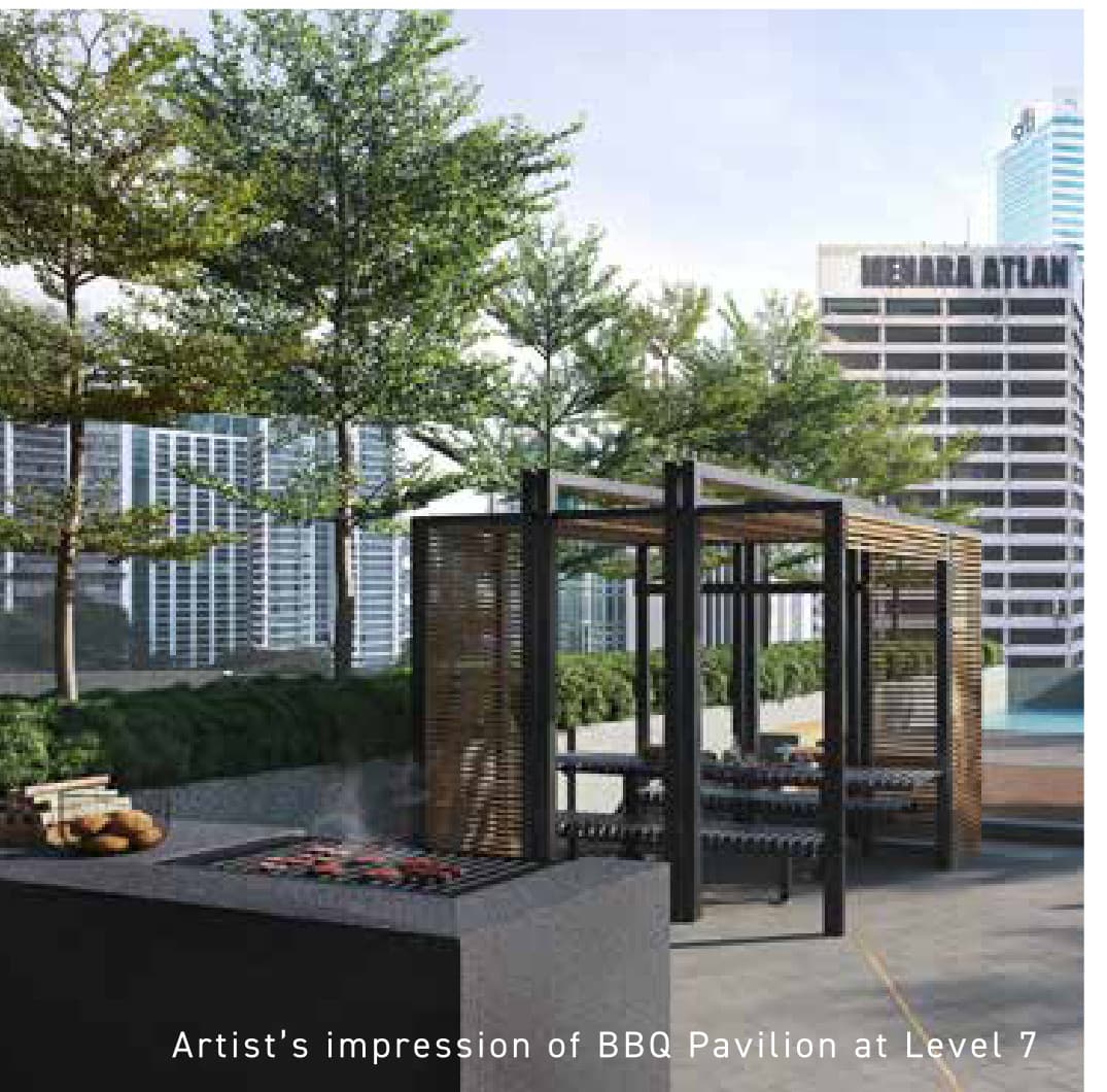 Tower 2, Level 7 — Jewel's BBQ pavilion, set in the planting at the edge of the pool deck with Menara Atlan across Jalan Ampang