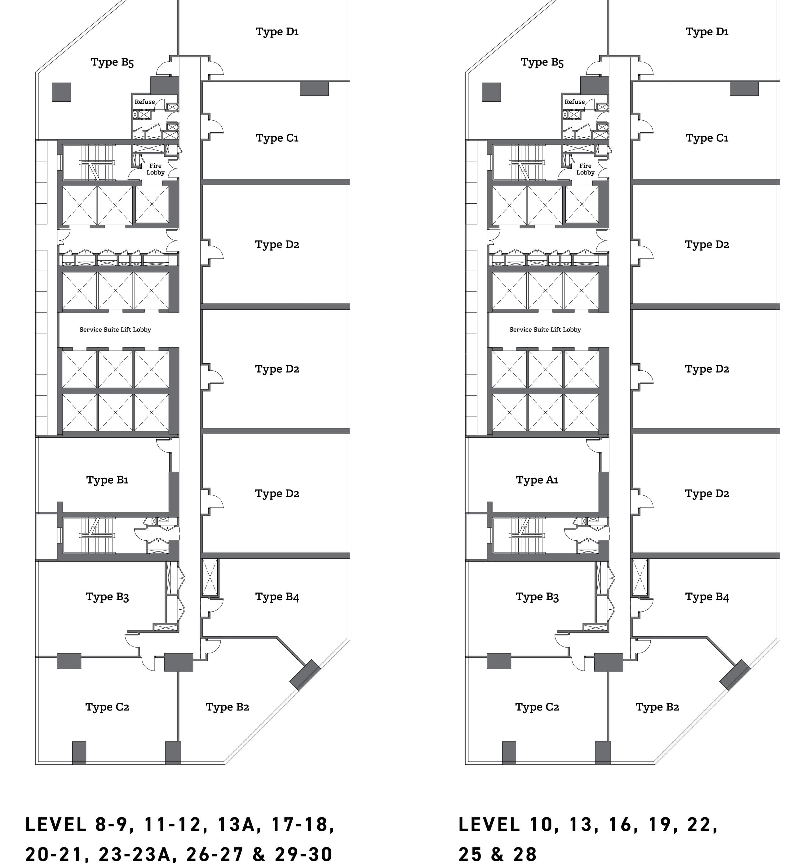 Jewel by Oxley KLCC typical floor plates — two variants side by side, each carrying eleven homes around a central service suite lift lobby, refuse room, fire lobby and two staircases. Types B5, B3 and C2 run down one flank with Type B1 between them on Levels 8-9, 11-12, 13A, 17-18, 20-21, 23-23A, 26-27 and 29-30, and Type A1 in the same position on Levels 10, 13, 16, 19, 22, 25 and 28; Types D1, C1, four D2s, B4 and B2 run down the other