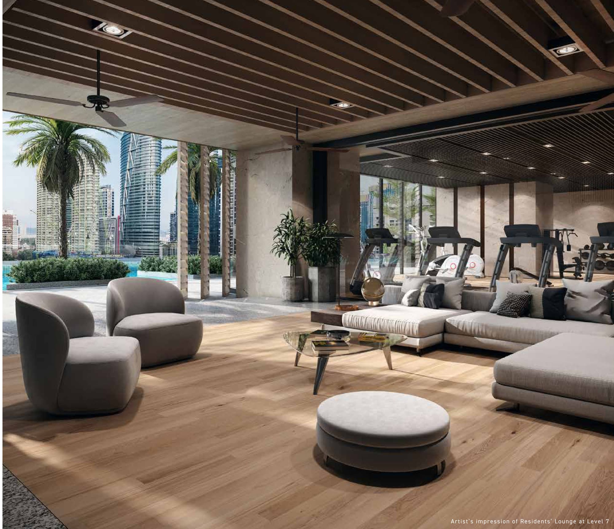 Tower 2, Level 7 — Jewel's residents' lounge, with the gym behind it in the same room and the pool deck and the city out through the open side