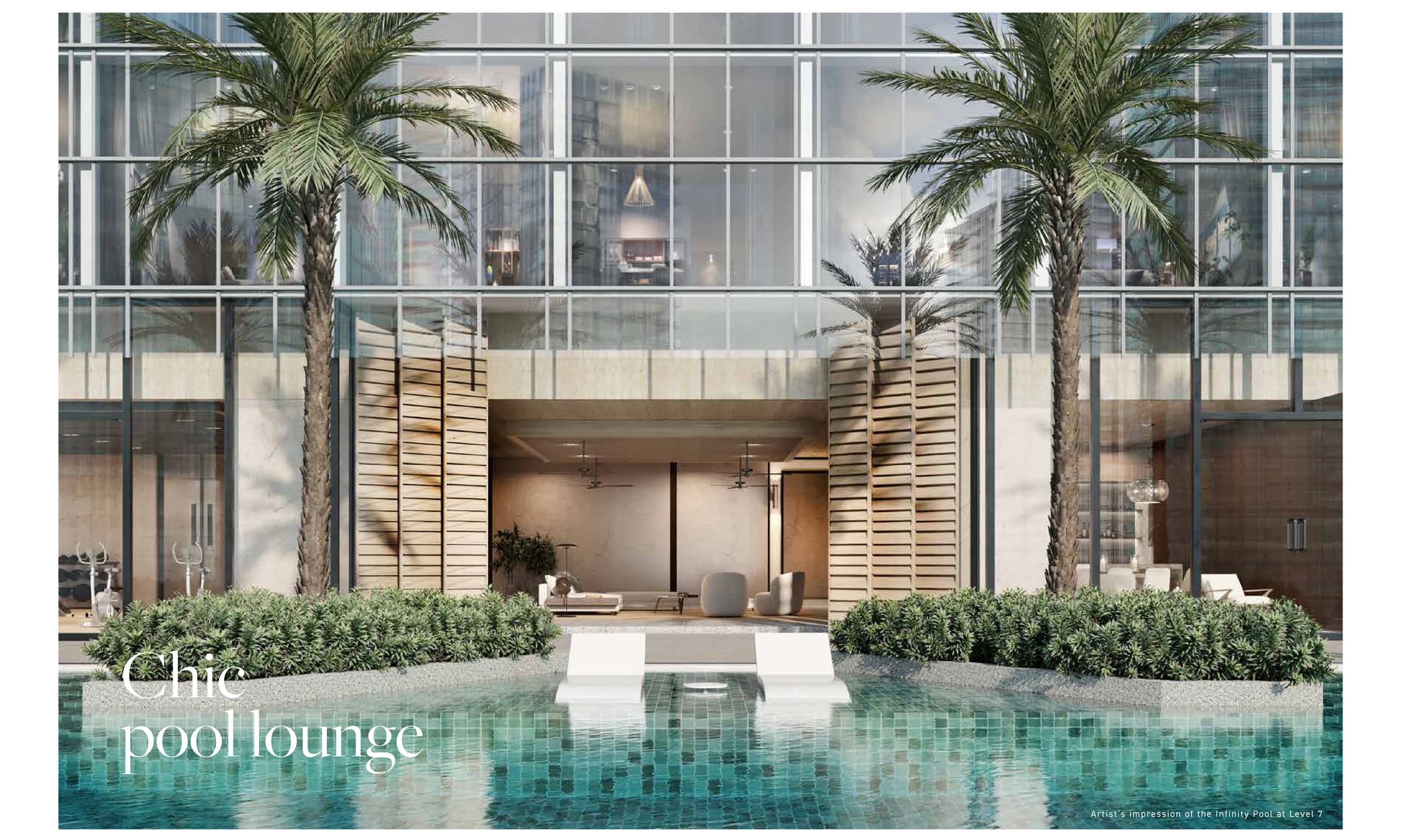 Tower 2, Level 7 — Jewel's infinity pool and its shaded lounge, drawn between two mature palms with the tower's own glazing rising behind