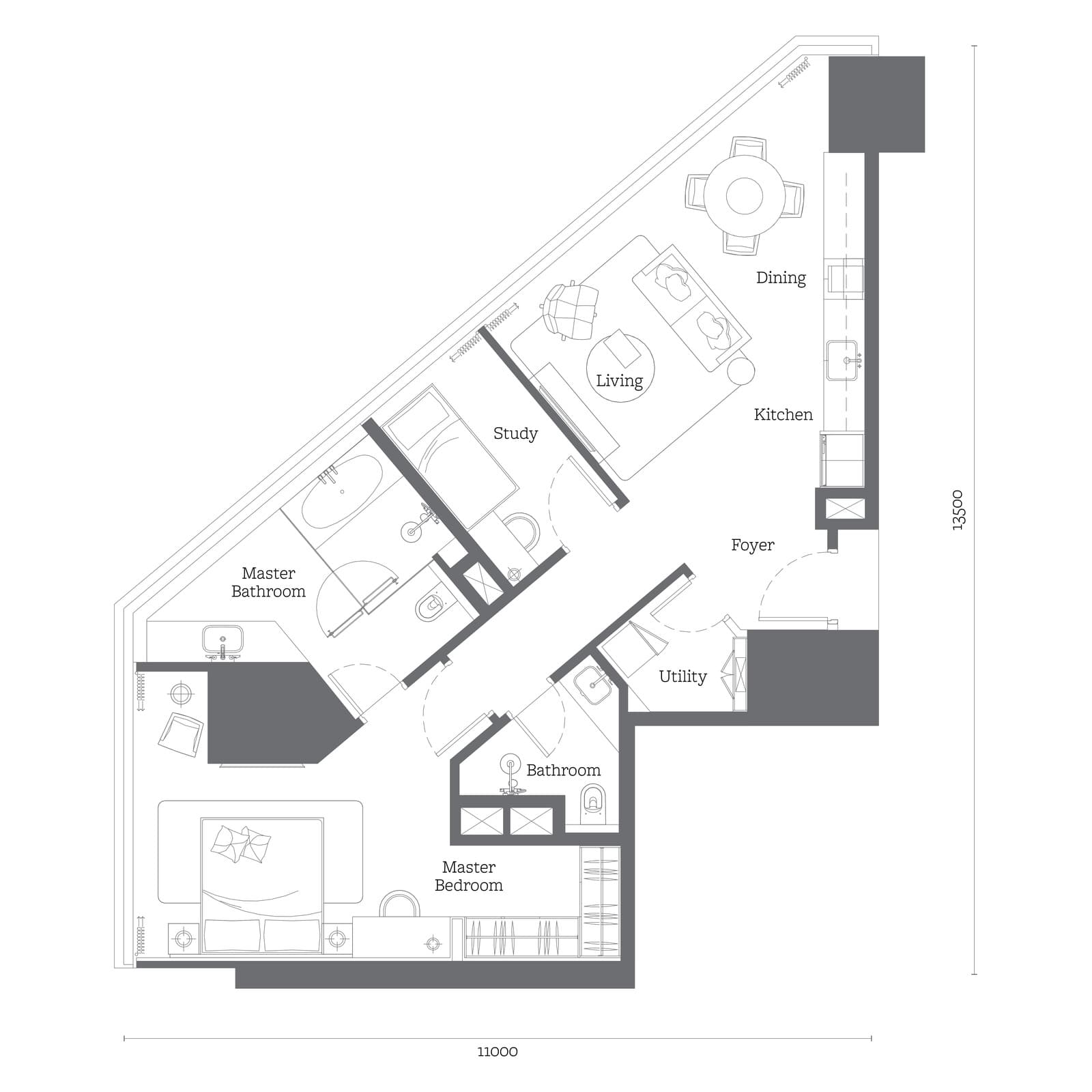 Jewel by Oxley KLCC Type B5 floor plan — 1,033 sq ft, 1+1 bedrooms · 1 bathroom + powder room