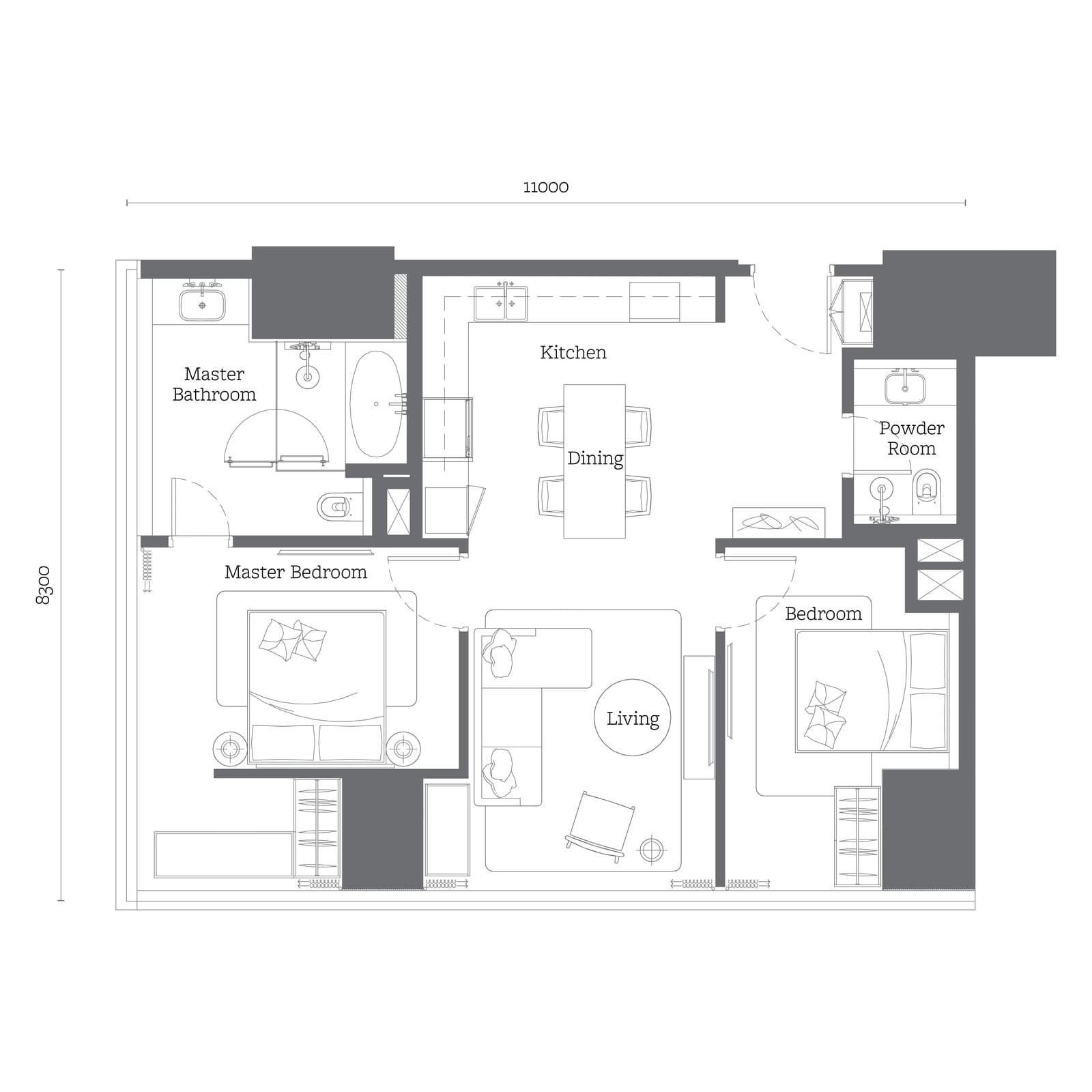 Jewel by Oxley KLCC Type C2 floor plan — 980 sq ft, 2 bedrooms · 2 bathrooms + powder room