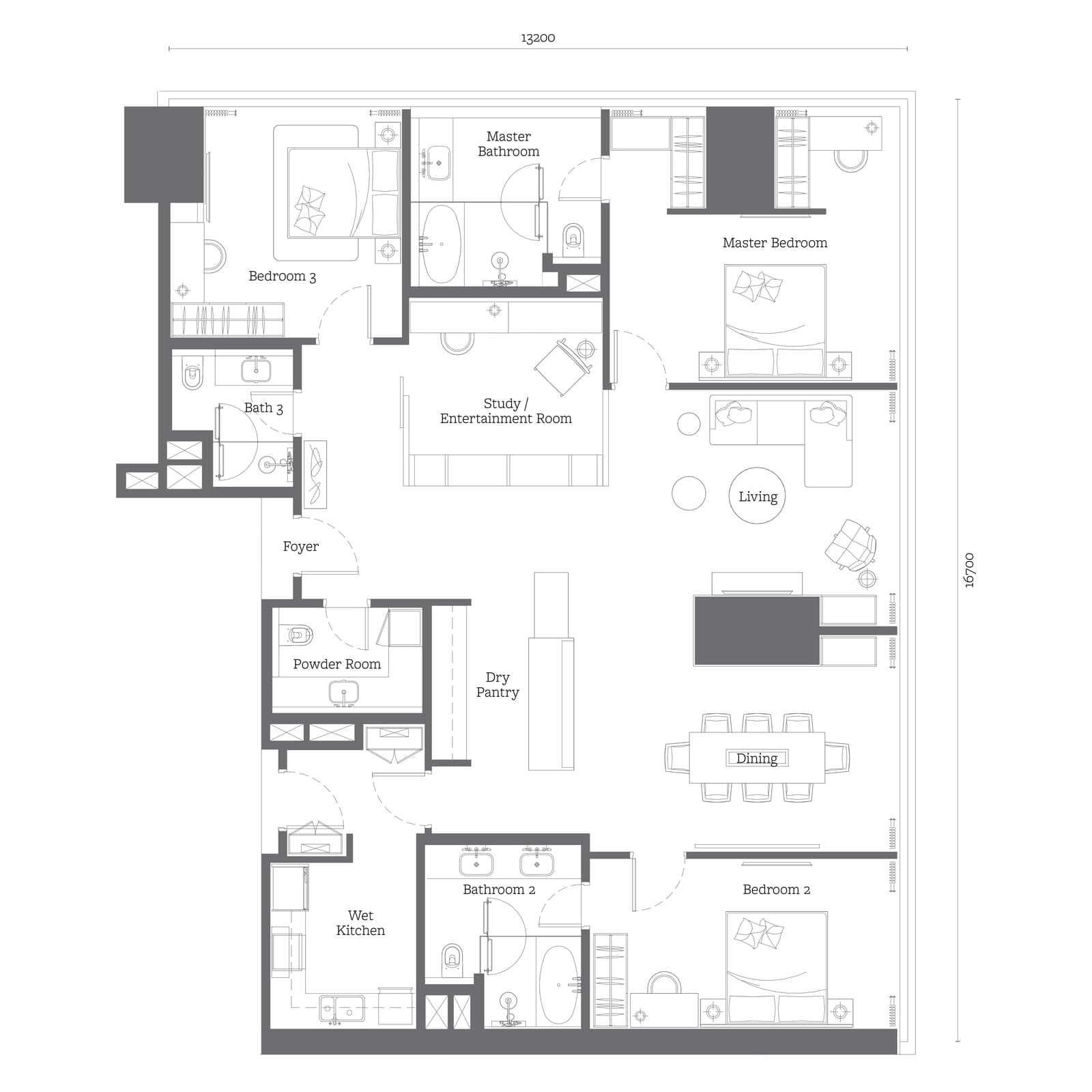 Jewel by Oxley KLCC Type E1 floor plan — 2,185 sq ft, 3+1 bedrooms · 3 bathrooms + powder room
