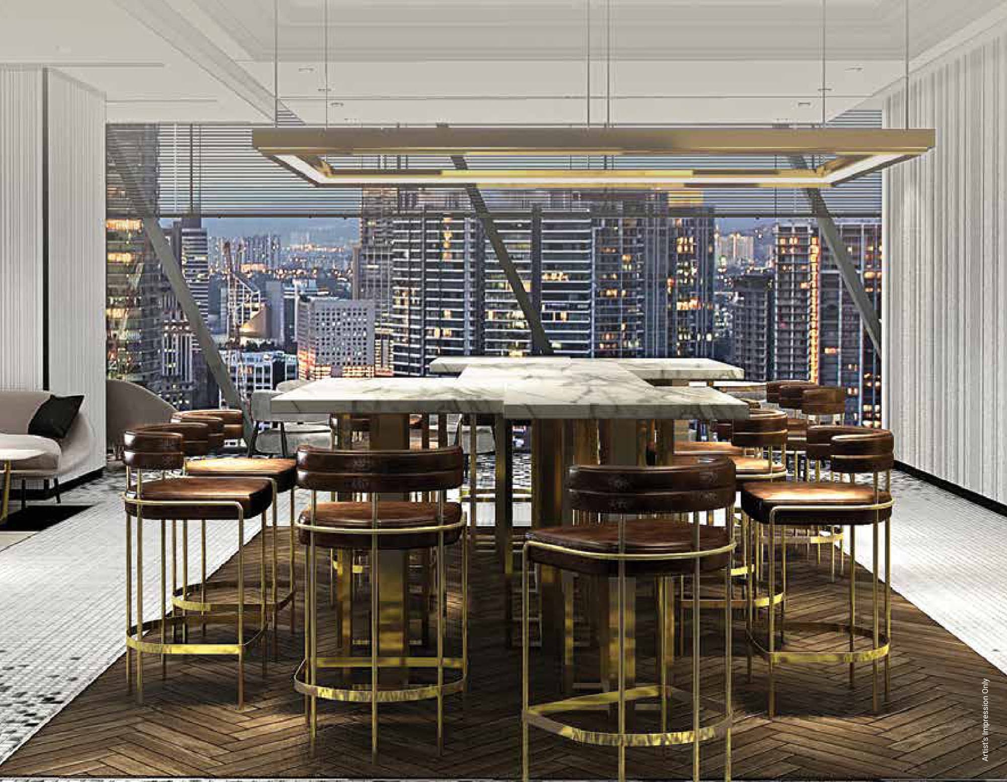 The SO/ branded-residence interior as the brochure renders it. Every home is finished with Villeroy & Boch sanitary ware and De Dietrich kitchen appliances, with a concierge on call around the clock