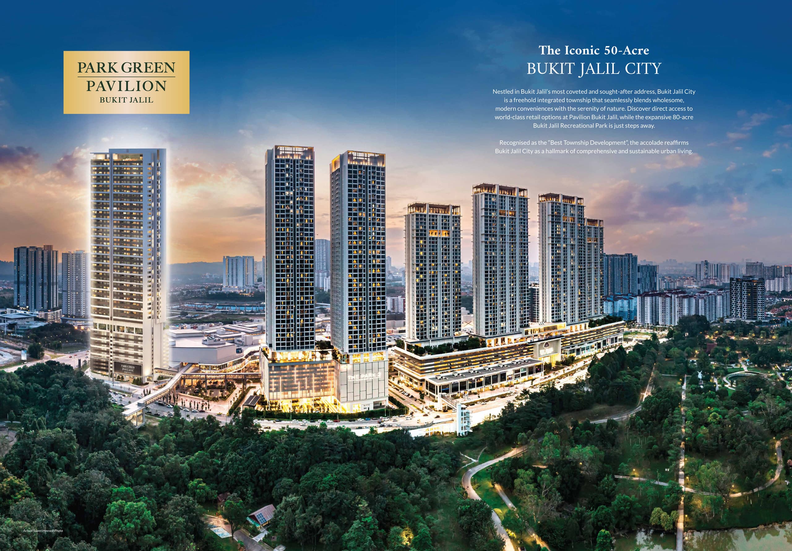 Aerial view of Bukit Jalil City at dusk — the Park Green Pavilion tower on the left linked by pedestrian bridge to Pavilion Bukit Jalil, with The Park towers behind and the 80-acre Bukit Jalil Recreational Park in the foreground