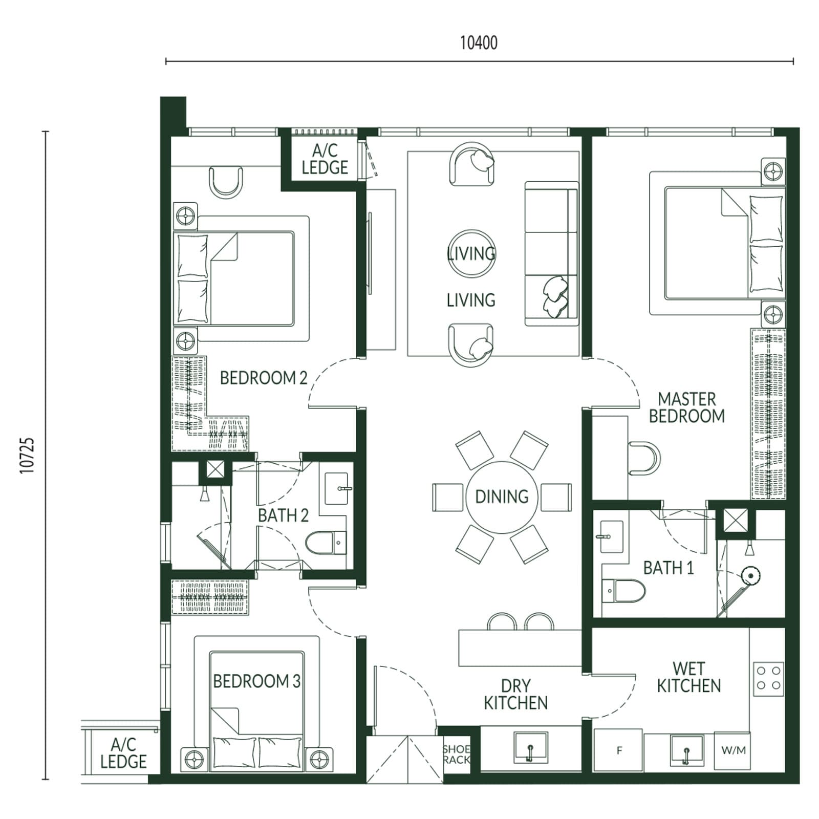 Park Green Pavilion Bukit Jalil Type A floor plan — 1,201 sq ft, 3 bedrooms · 2 bathrooms · dry & wet kitchen