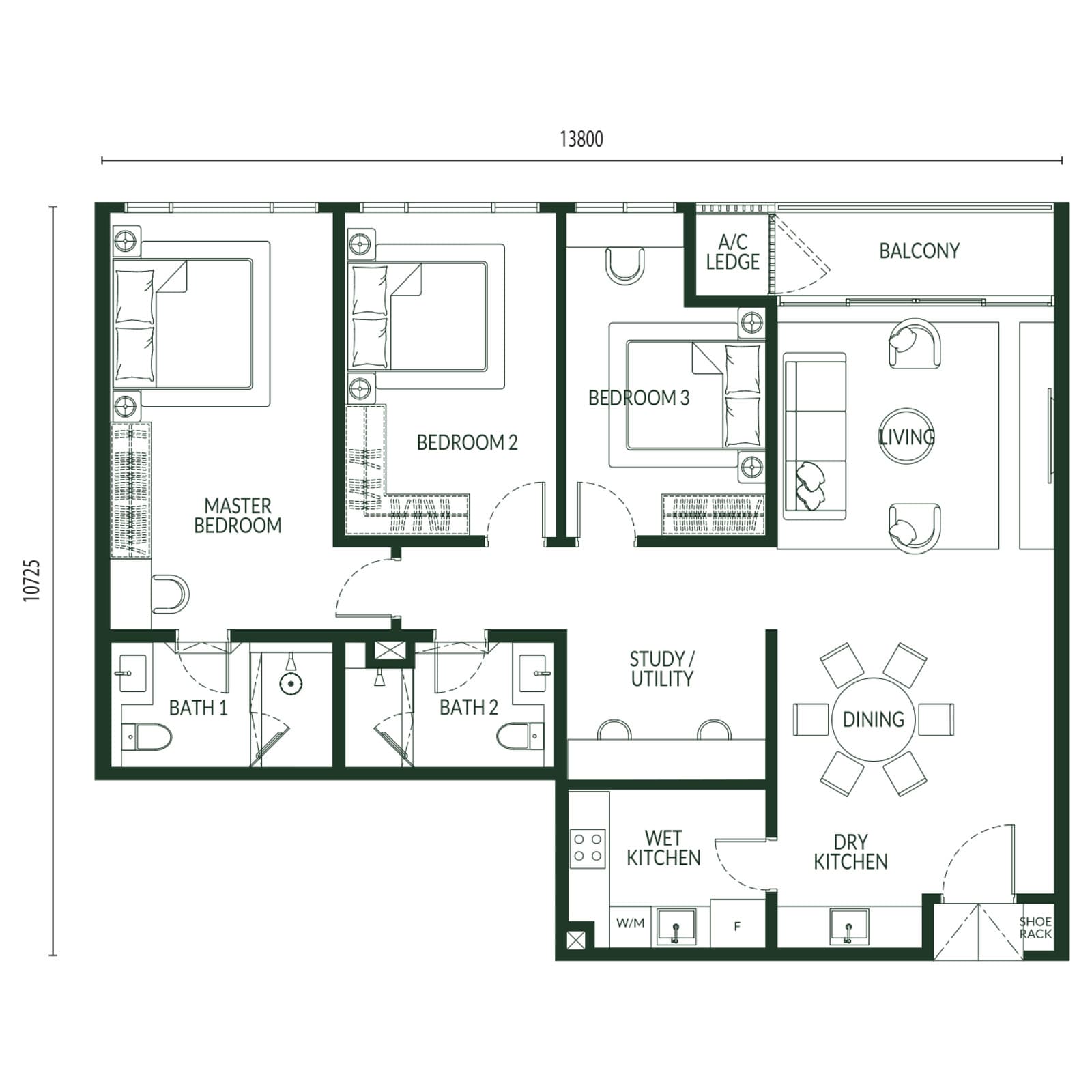 Park Green Pavilion Bukit Jalil Type B floor plan — 1,408 sq ft, 3 bedrooms · 2 bathrooms · study/utility · balcony